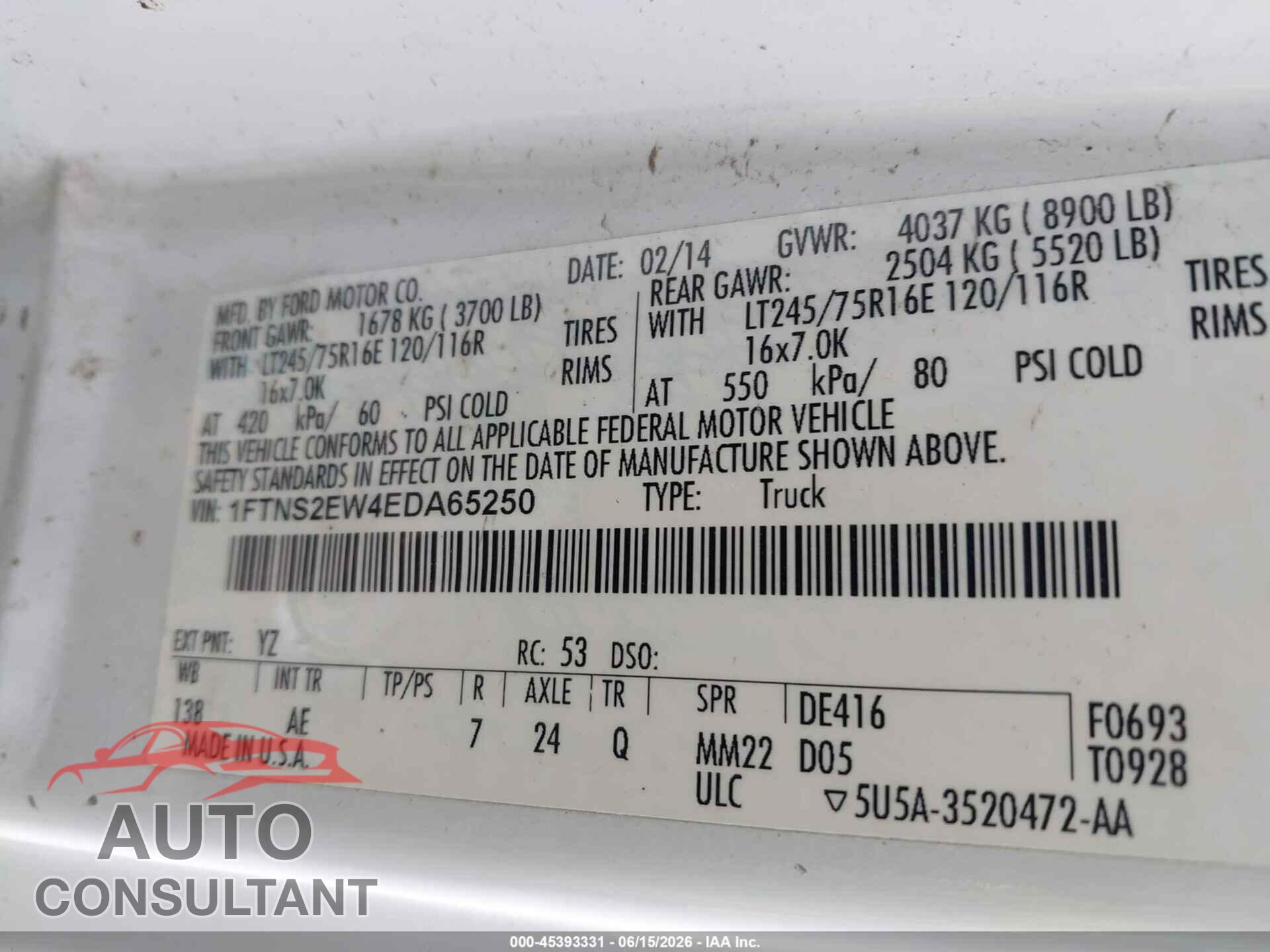 FORD E-250 2014 - 1FTNS2EW4EDA65250