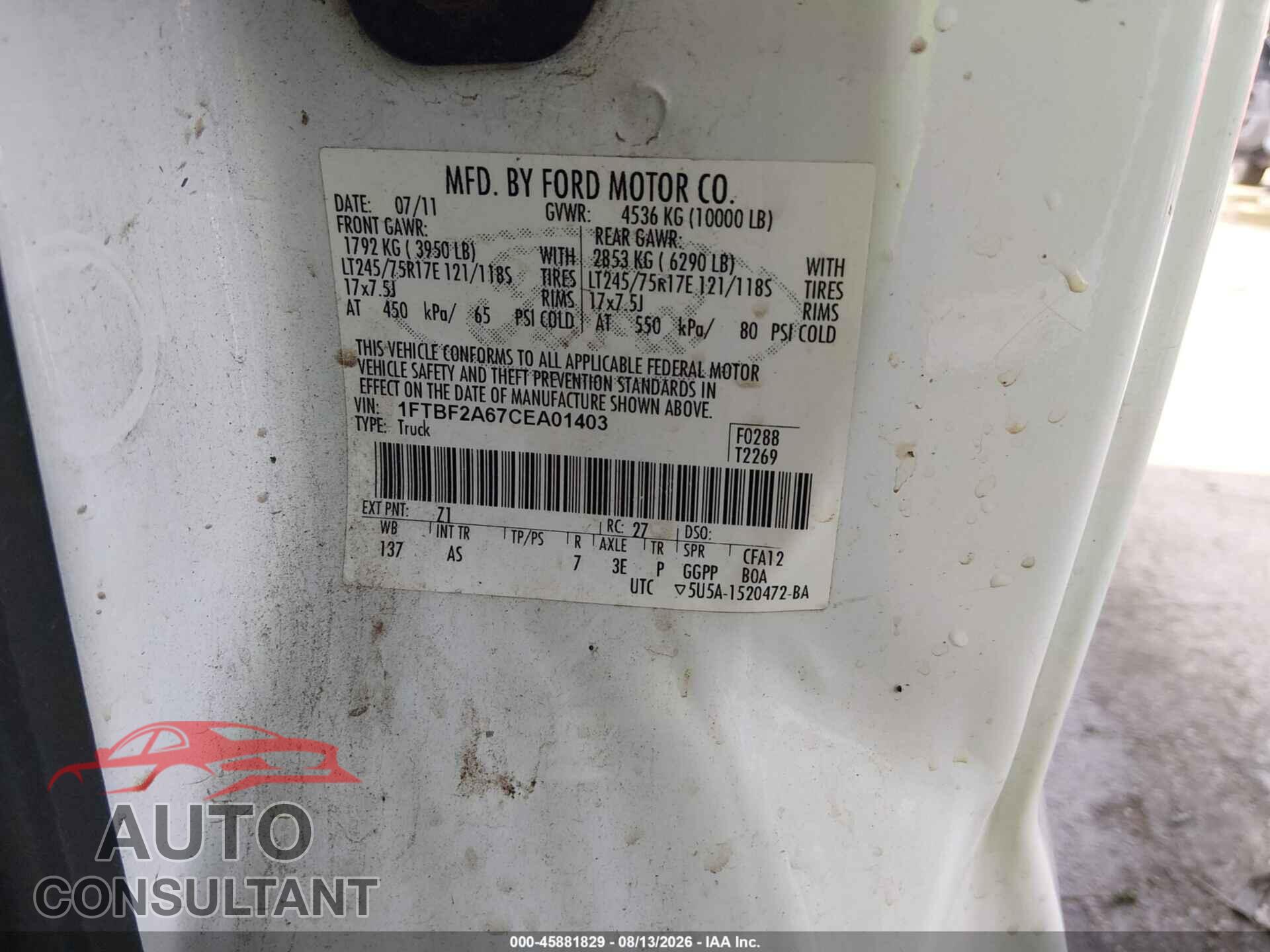 FORD F-250 2012 - 1FTBF2A67CEA01403