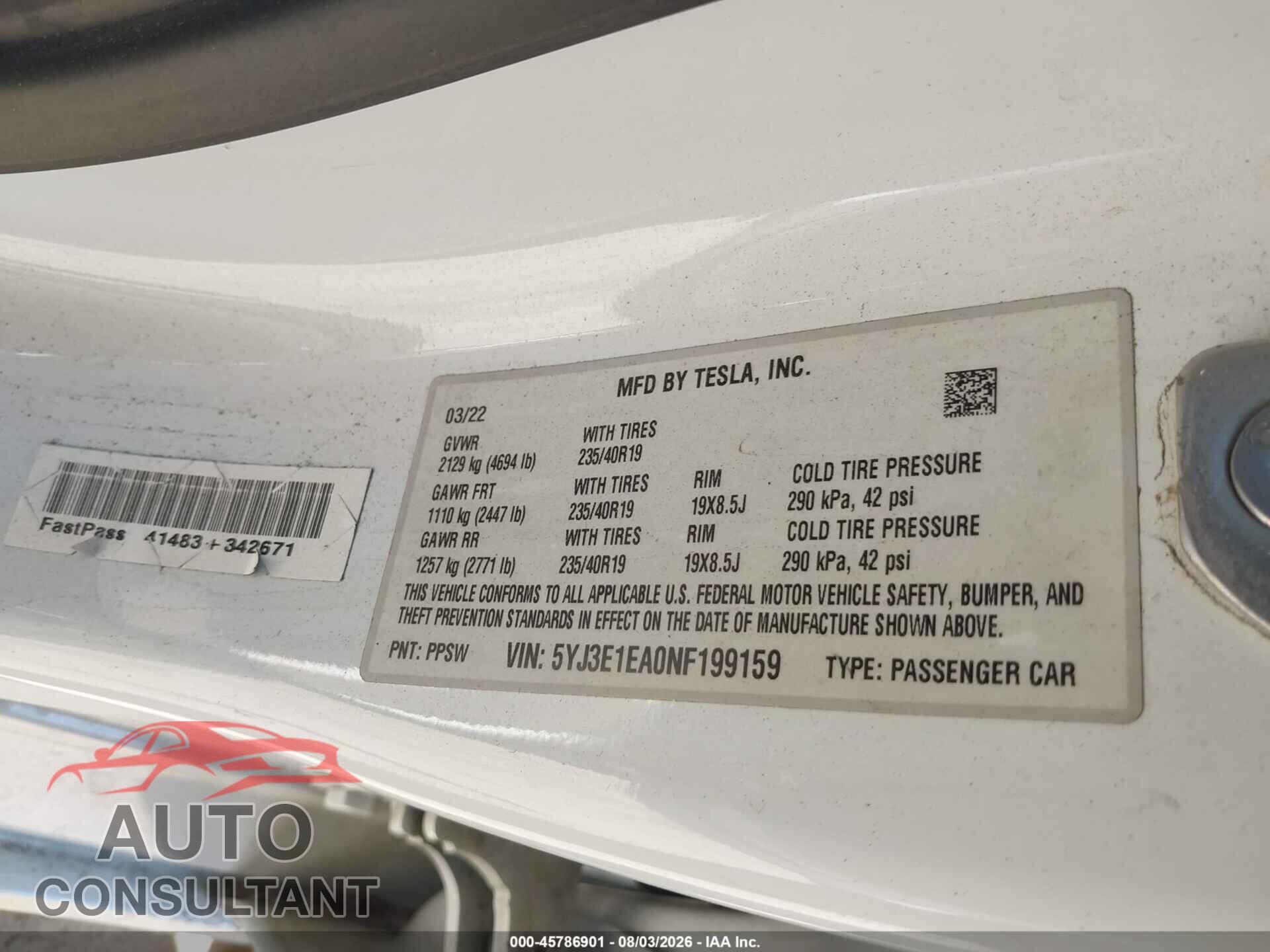 TESLA MODEL 3 2022 - 5YJ3E1EA0NF199159