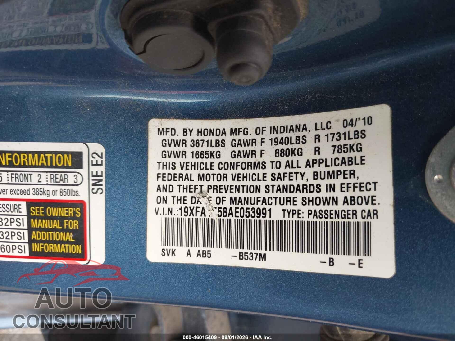 HONDA CIVIC 2010 - 19XFA1F58AE053991