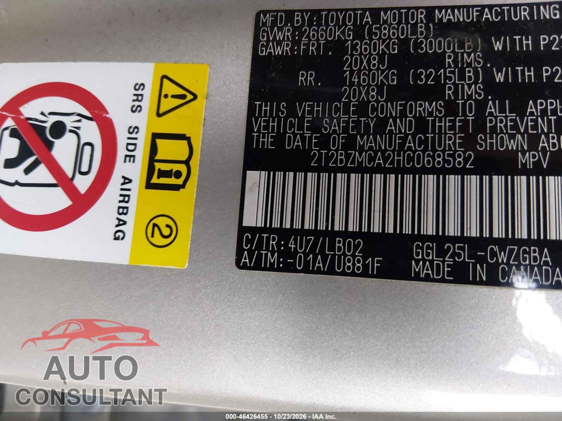 LEXUS RX 350 2017 - 2T2BZMCA2HC068582