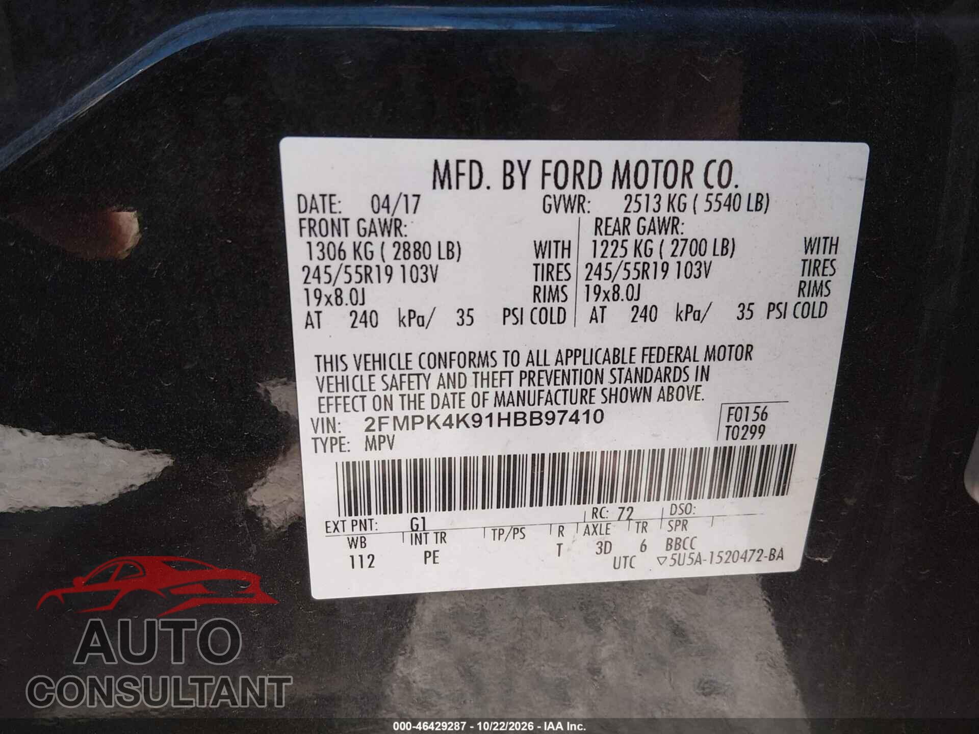 FORD EDGE 2017 - 2FMPK4K91HBB97410