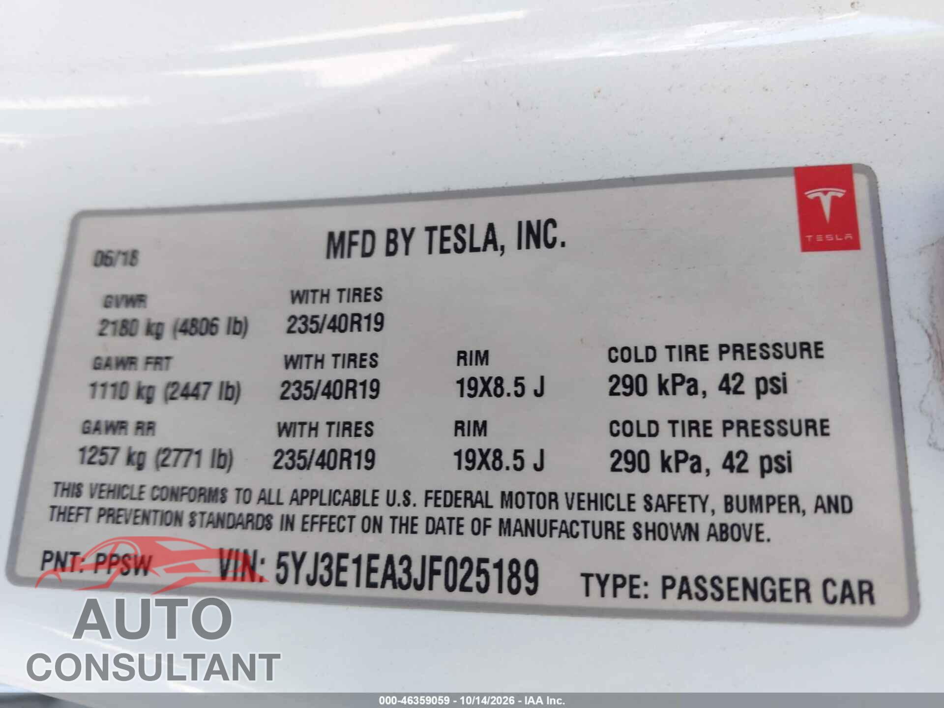 TESLA MODEL 3 2018 - 5YJ3E1EA3JF025189