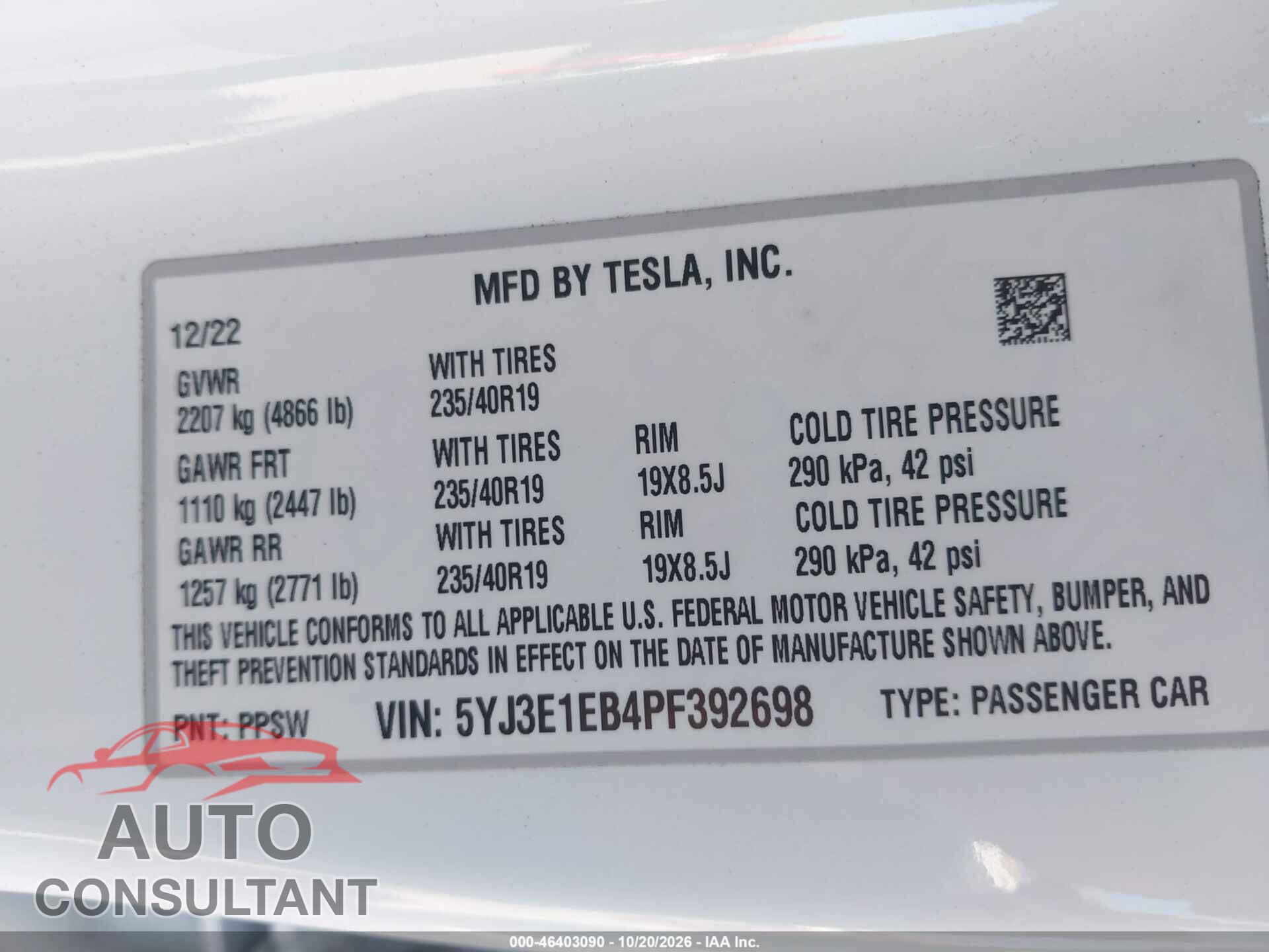 TESLA MODEL 3 2023 - 5YJ3E1EB4PF392698