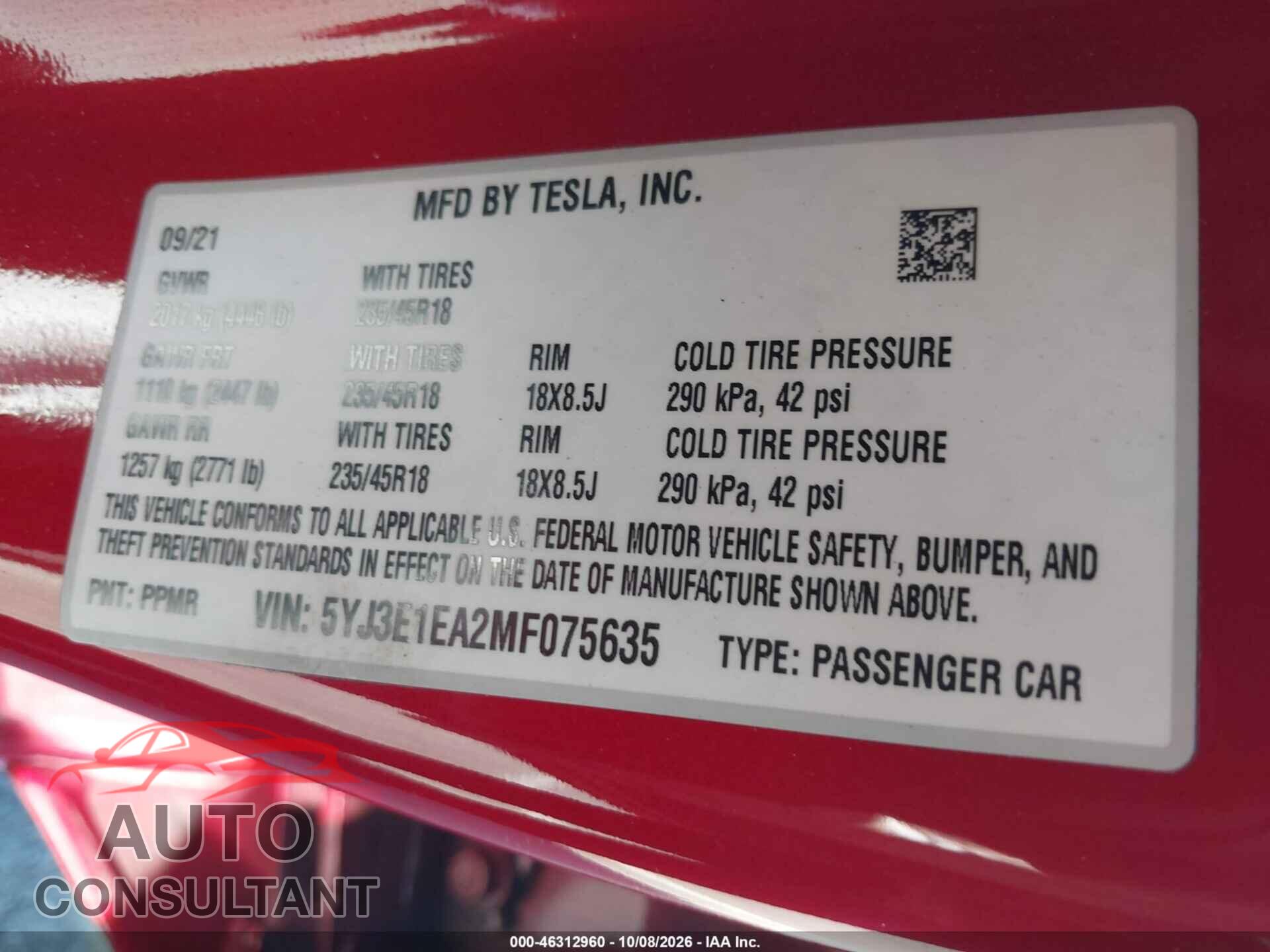 TESLA MODEL 3 2021 - 5YJ3E1EA2MF075635