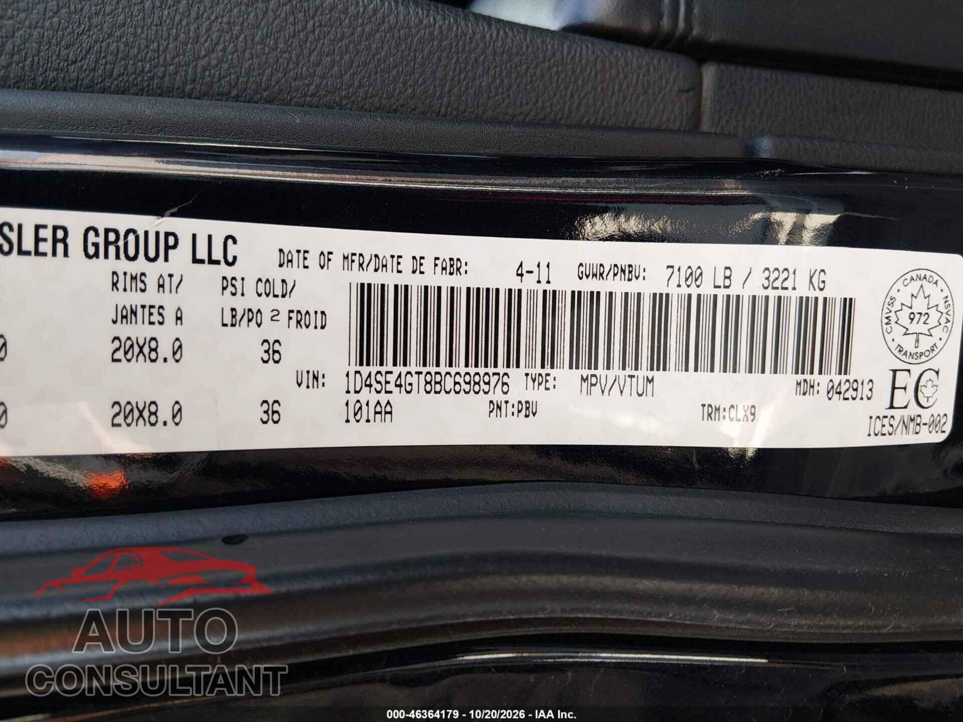 DODGE DURANGO 2011 - 1D4SE4GT8BC698976