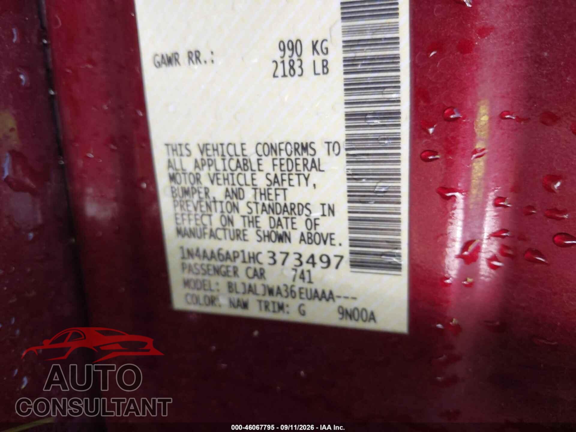 NISSAN MAXIMA 2017 - 1N4AA6AP1HC373497