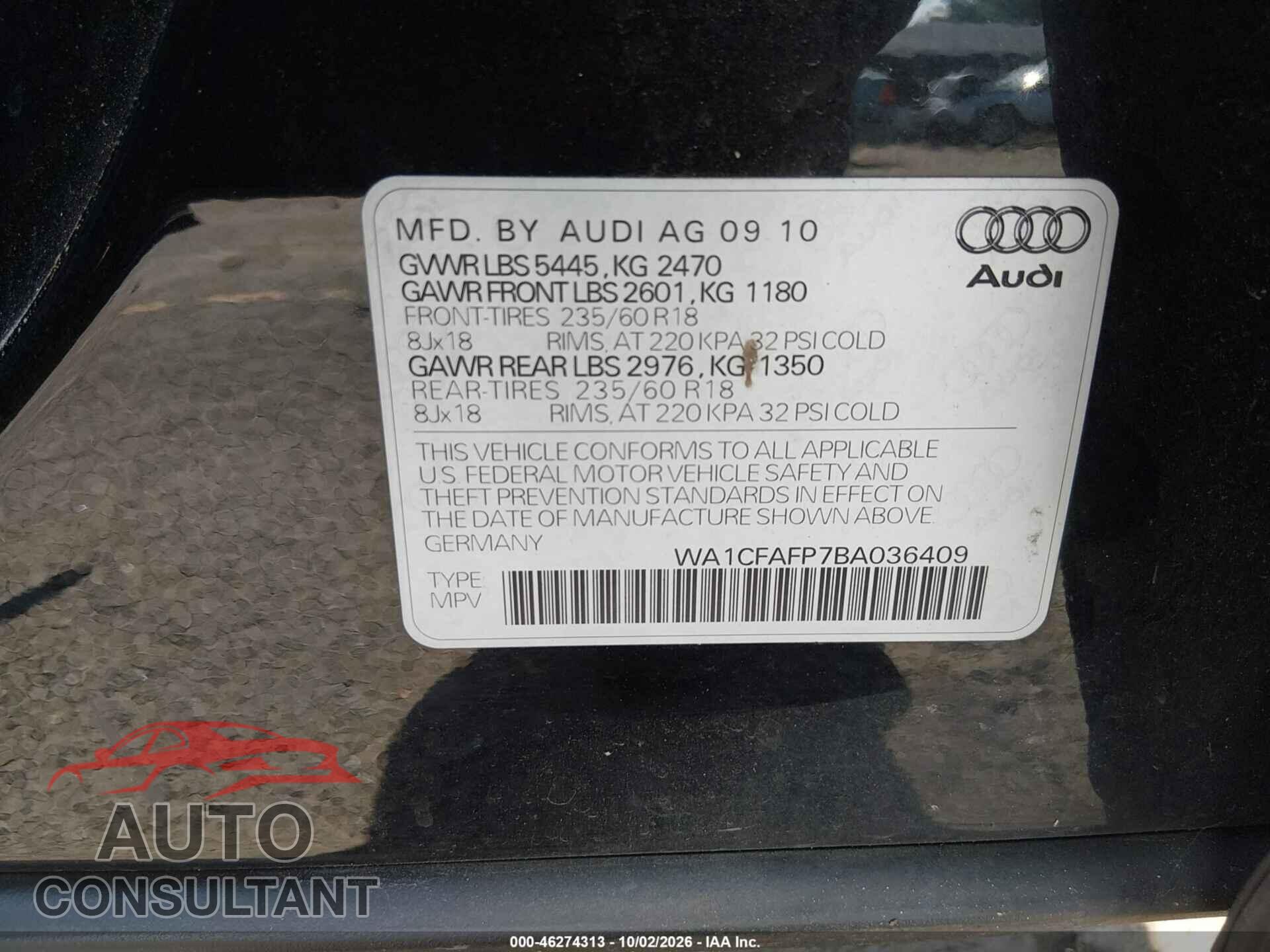AUDI Q5 2011 - WA1CFAFP7BA036409