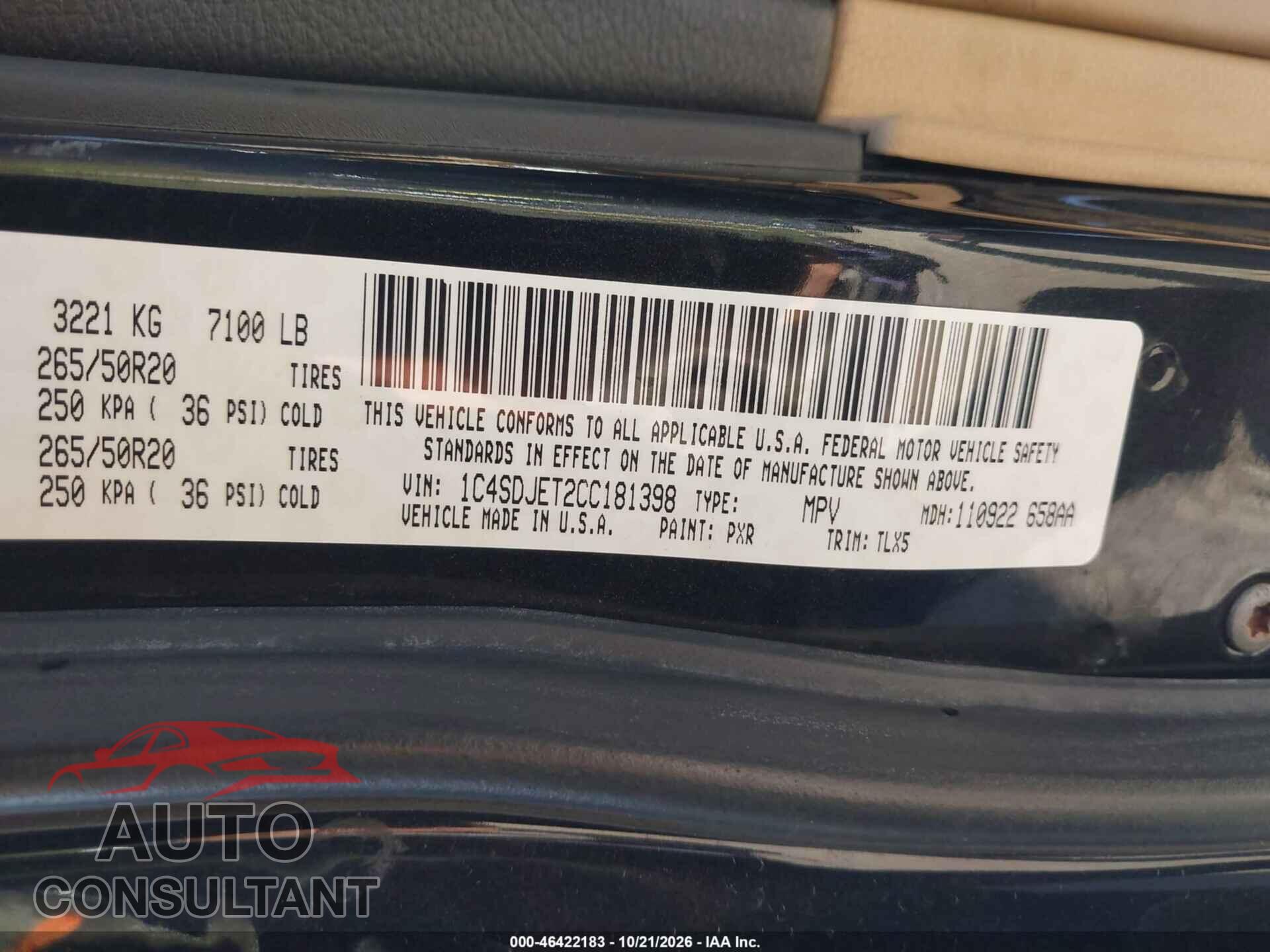 DODGE DURANGO 2012 - 1C4SDJET2CC181398