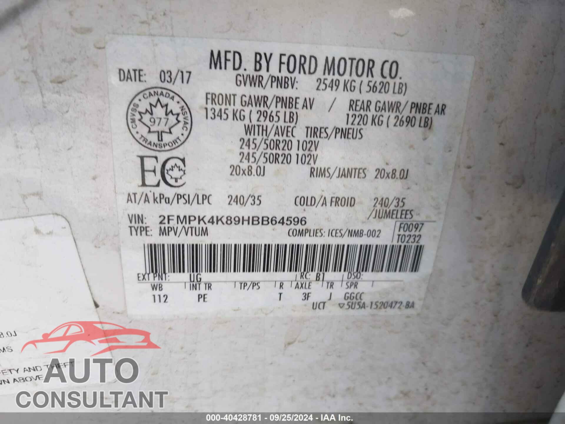 FORD EDGE 2017 - 2FMPK4K89HBB64596