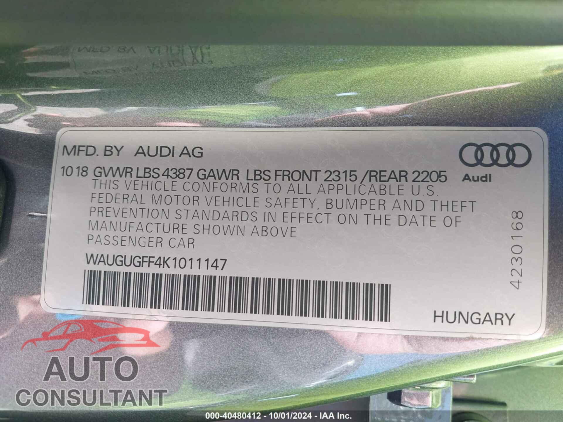 AUDI A3 2019 - WAUGUGFF4K1011147