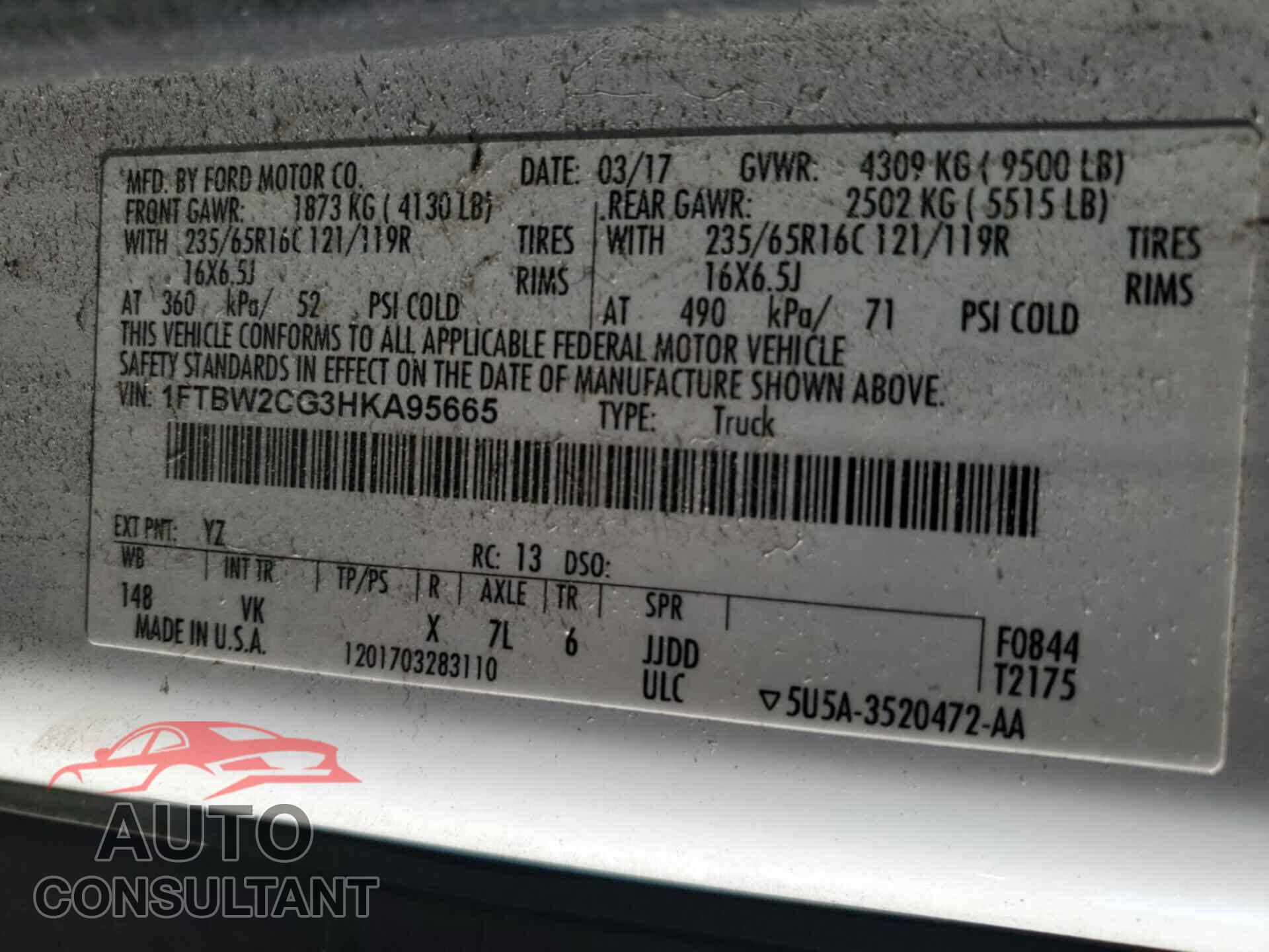 FORD TRANSIT 2017 - 1FTBW2CG3HKA95665