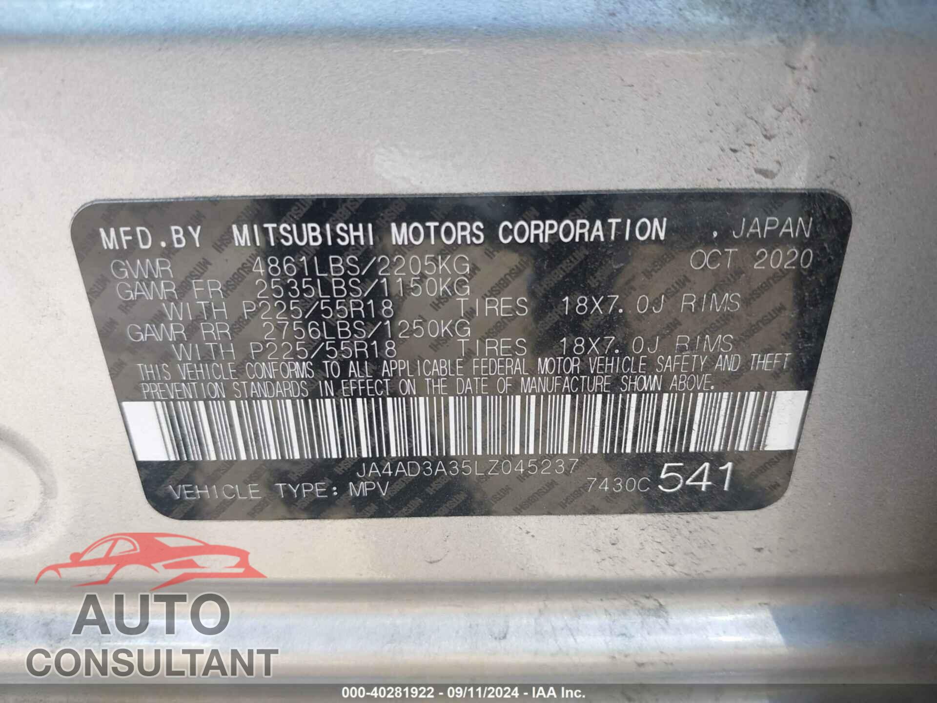 MITSUBISHI OUTLANDER 2020 - JA4AD3A35LZ045237