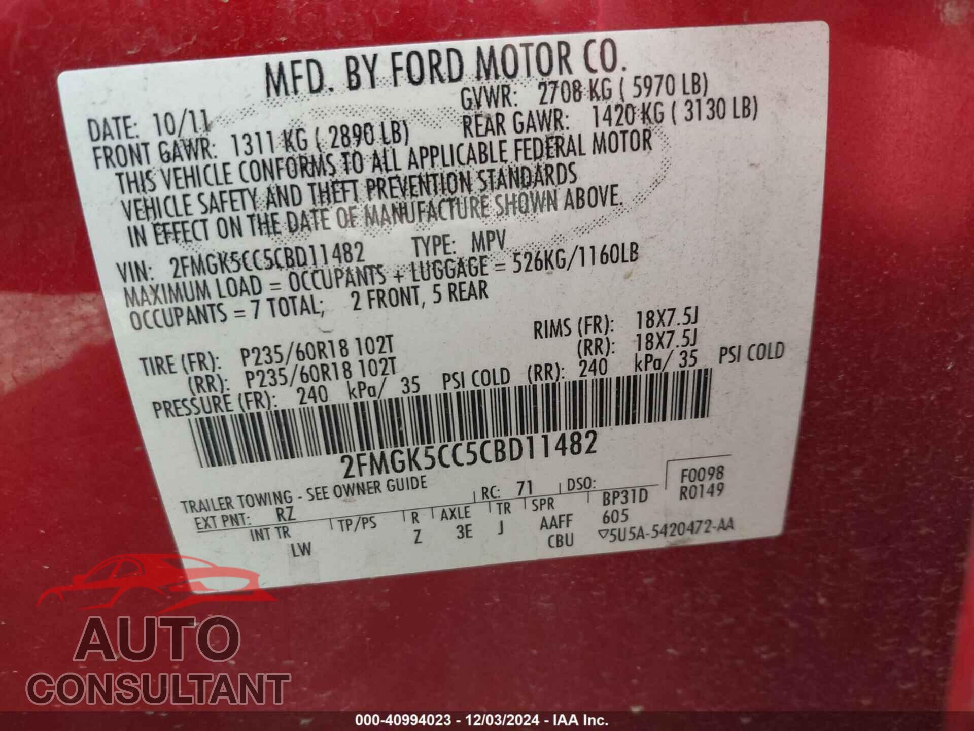 FORD FLEX 2012 - 2FMGK5CC5CBD11482