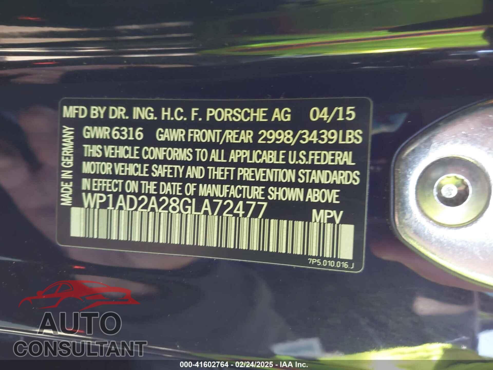 PORSCHE CAYENNE 2016 - WP1AD2A28GLA72477