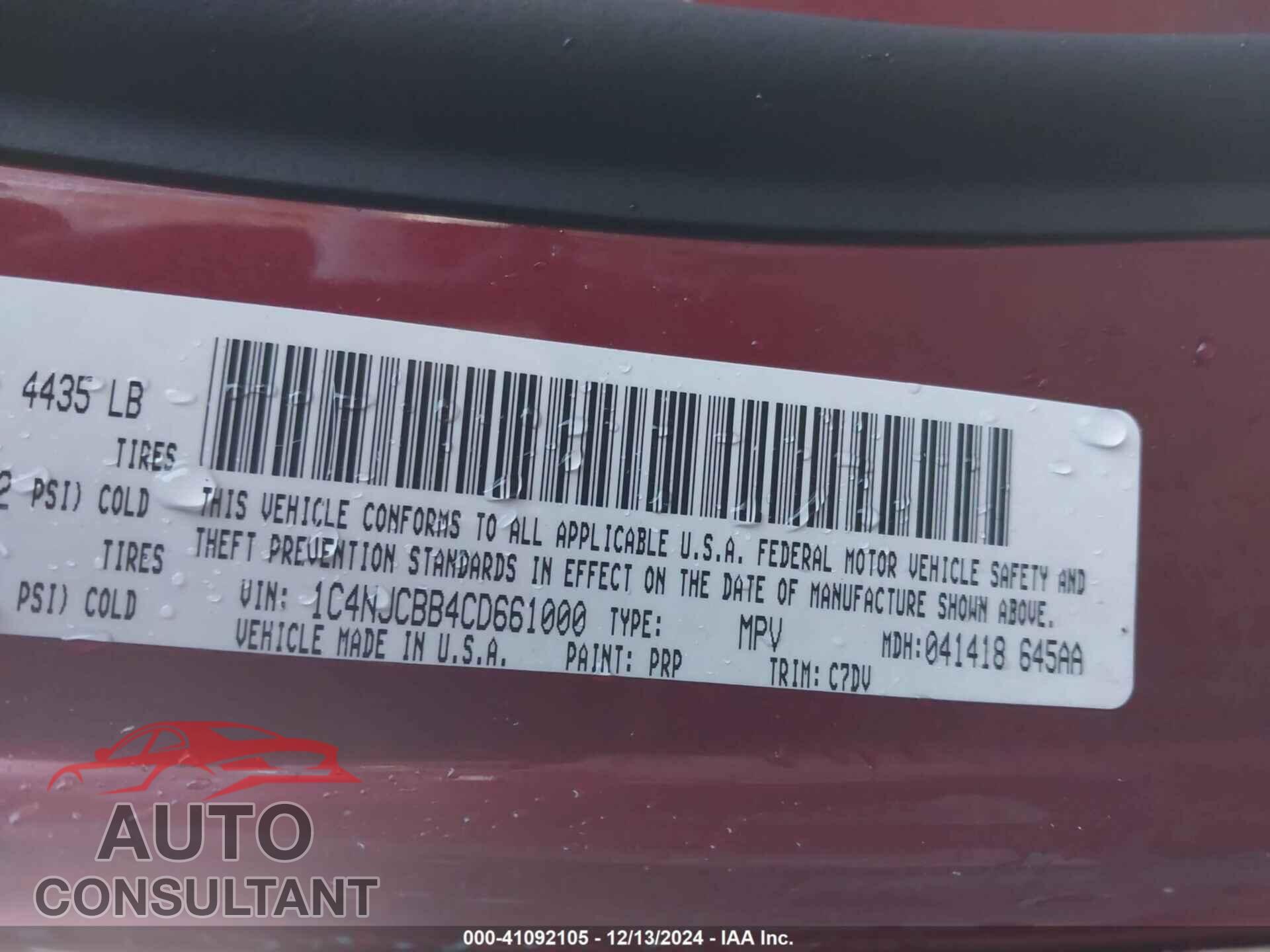 JEEP COMPASS 2012 - 1C4NJCBB4CD661000