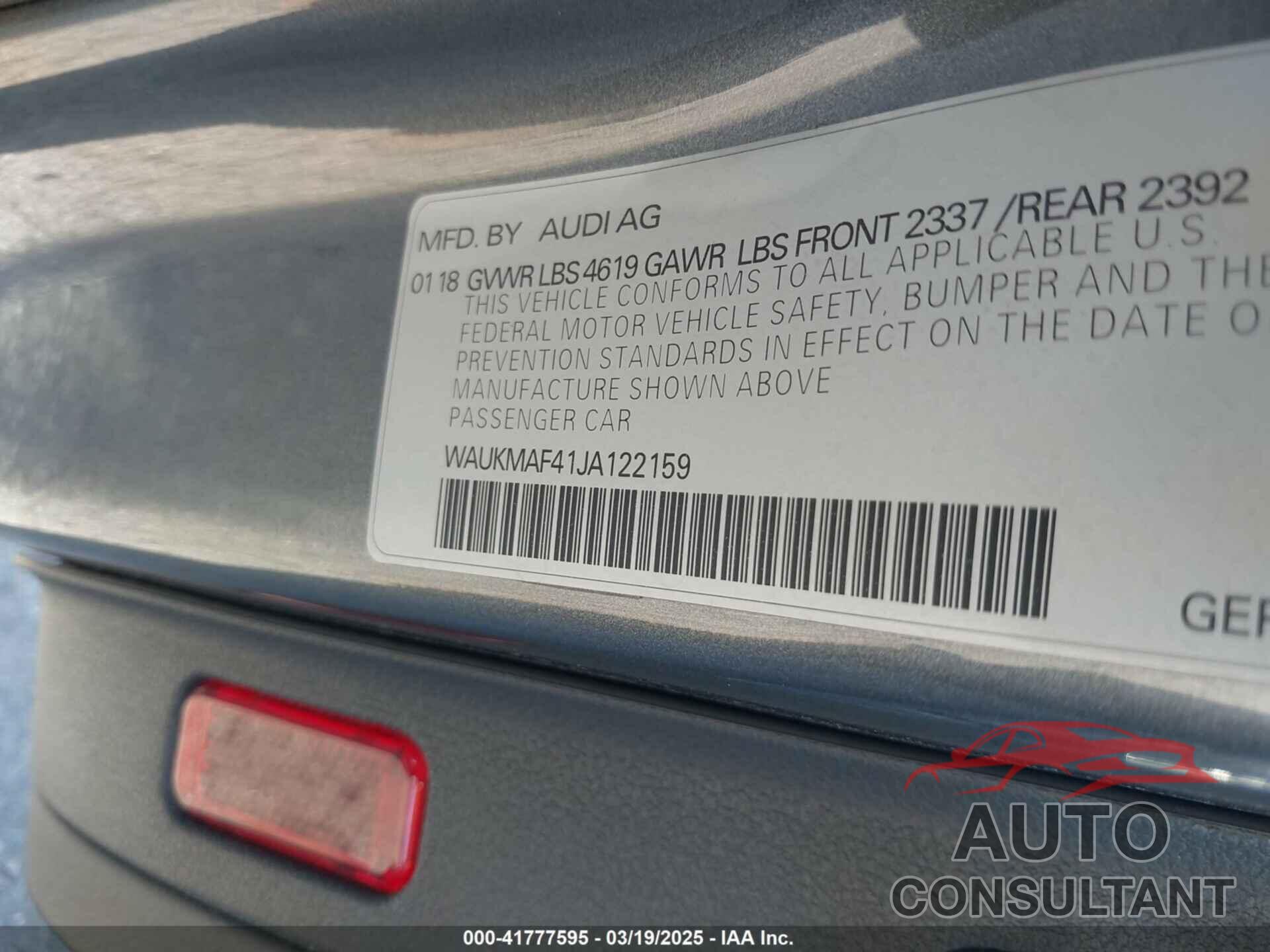 AUDI A4 2018 - WAUKMAF41JA122159