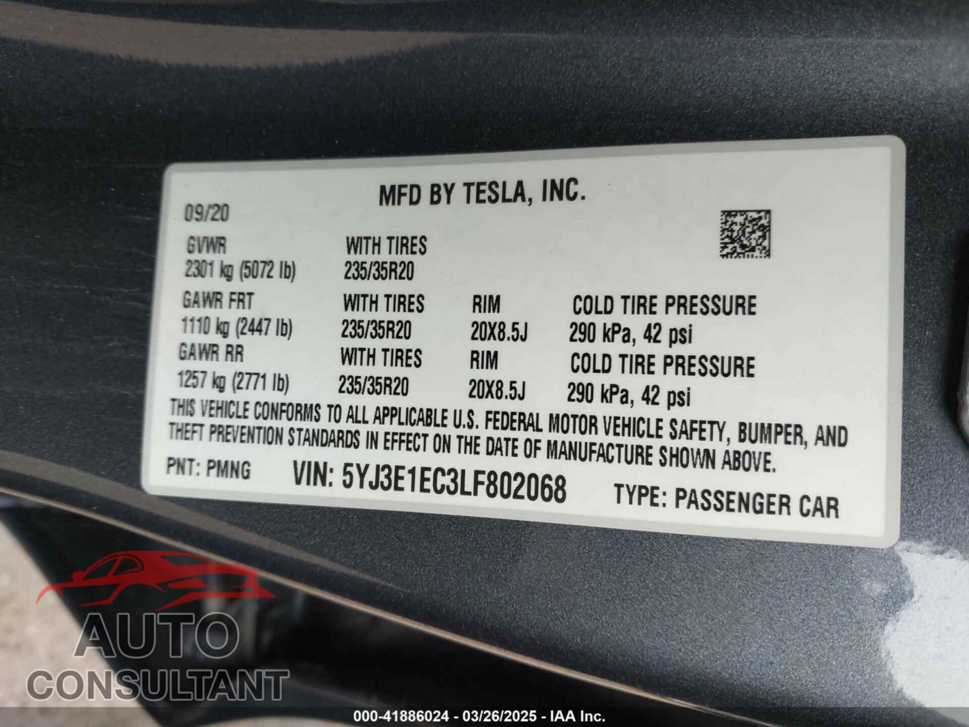 TESLA MODEL 3 2020 - 5YJ3E1EC3LF802068