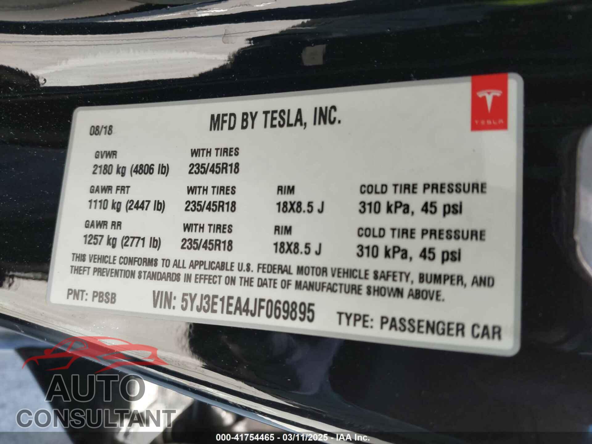 TESLA MODEL 3 2018 - 5YJ3E1EA4JF069895