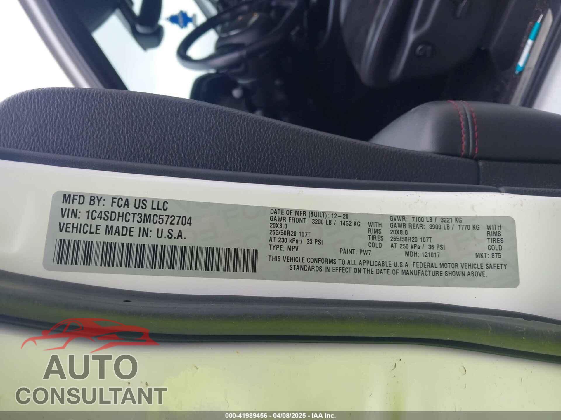 DODGE DURANGO 2021 - 1C4FDHC73MC572704