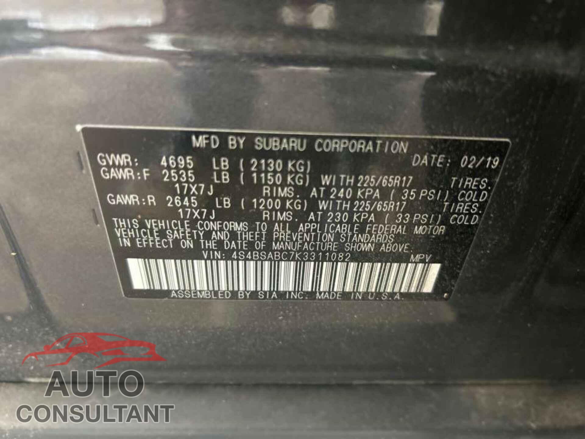 SUBARU OUTBACK 2019 - 4S4BSABC7K3311082