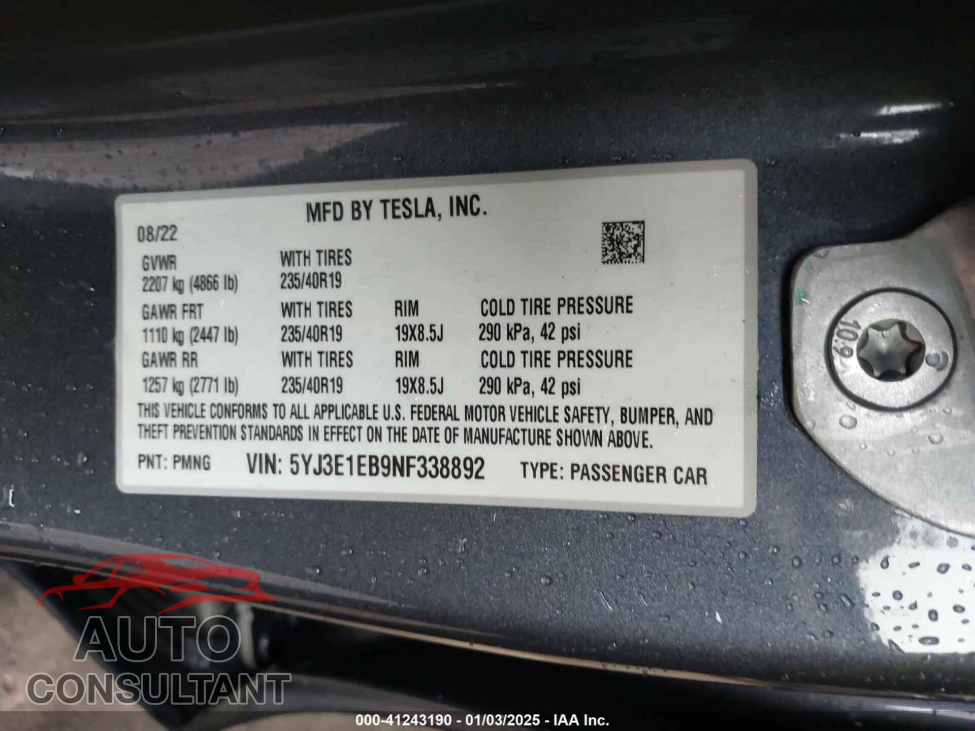 TESLA MODEL 3 2022 - 5YJ3E1EB9NF338892