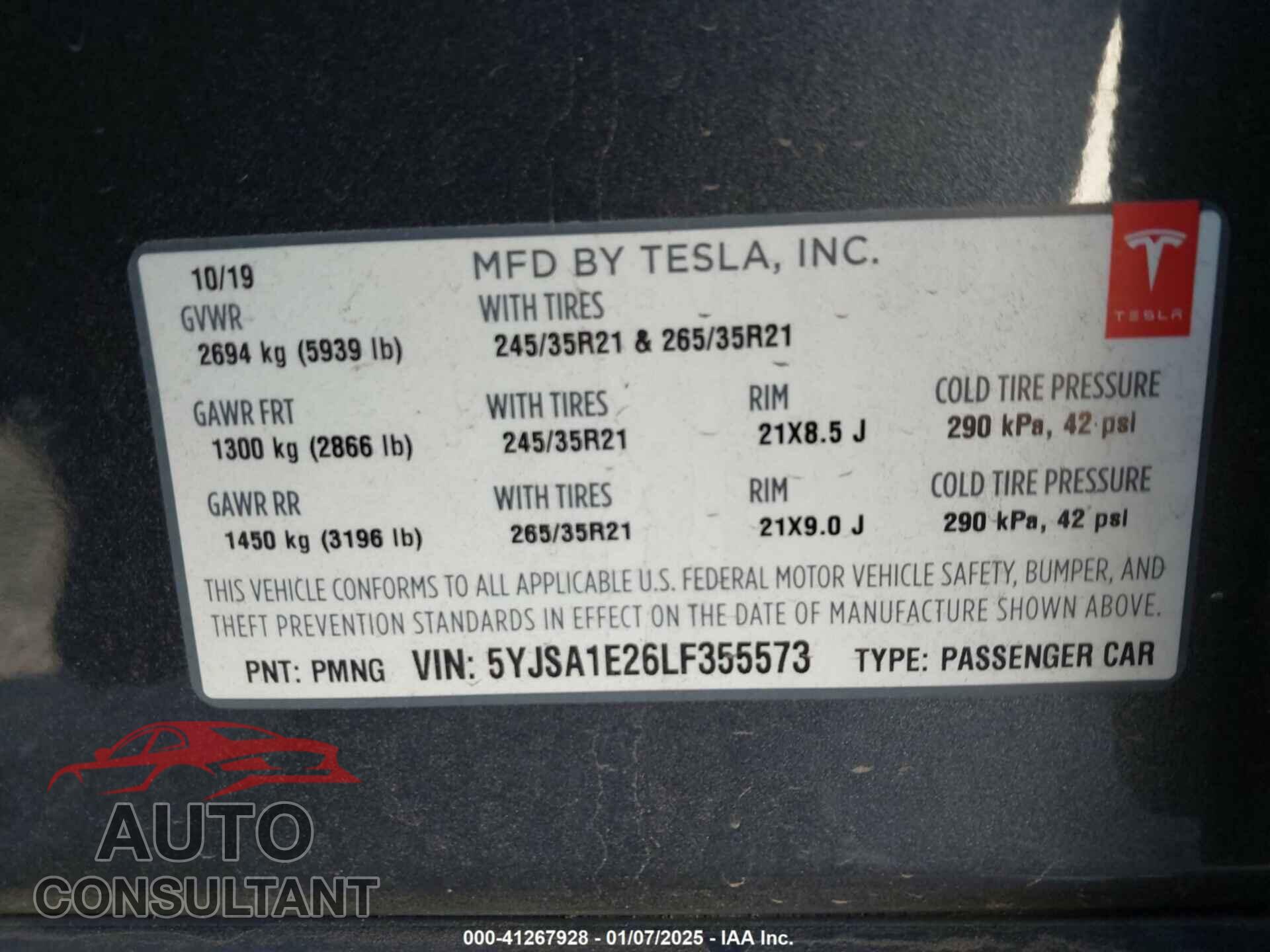 TESLA MODEL S 2020 - 5YJSA1E26LF355573