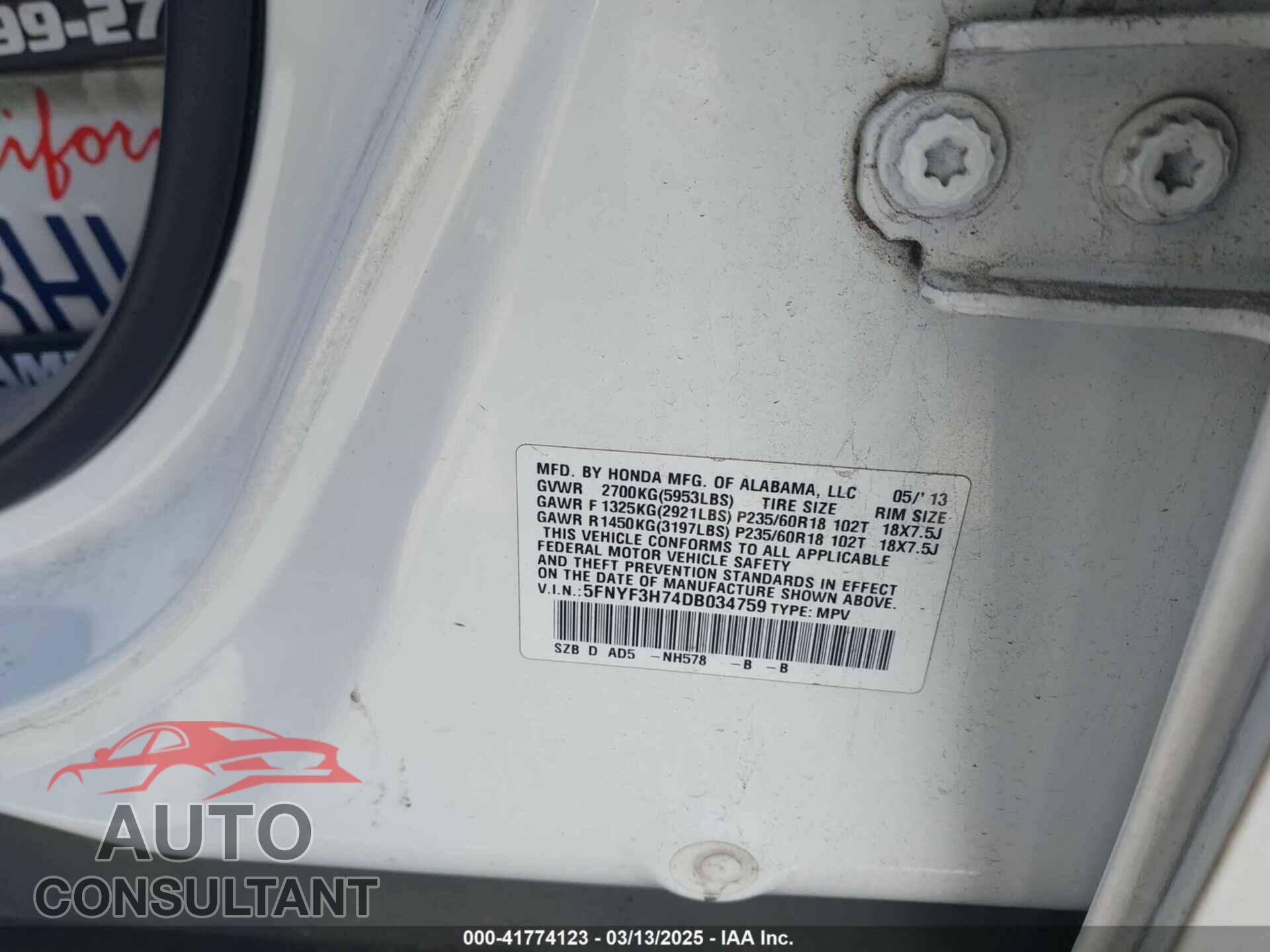 HONDA PILOT 2013 - 5FNYF3H74DB034759