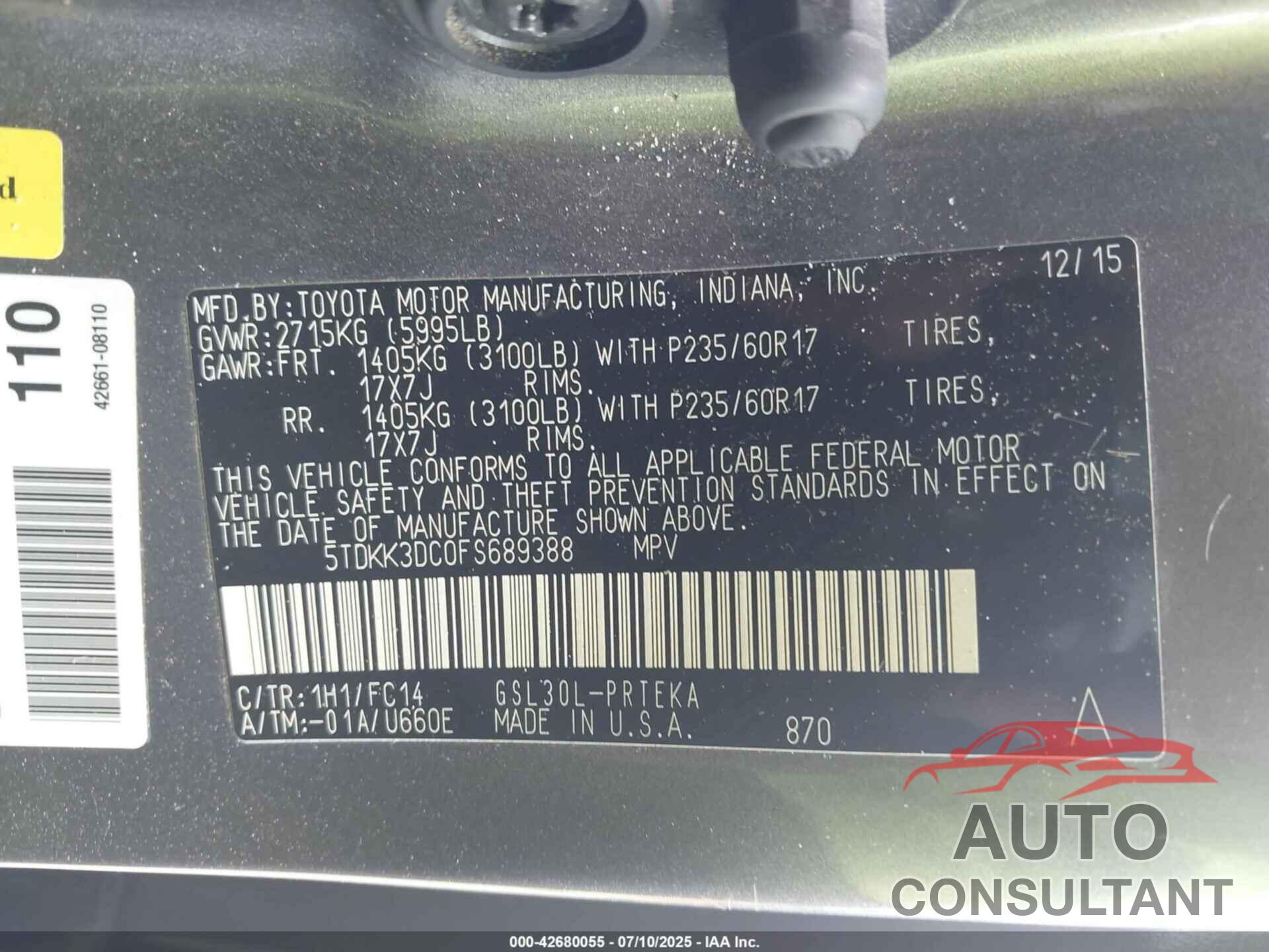TOYOTA SIENNA 2015 - 5TDKK3DC0FS689388