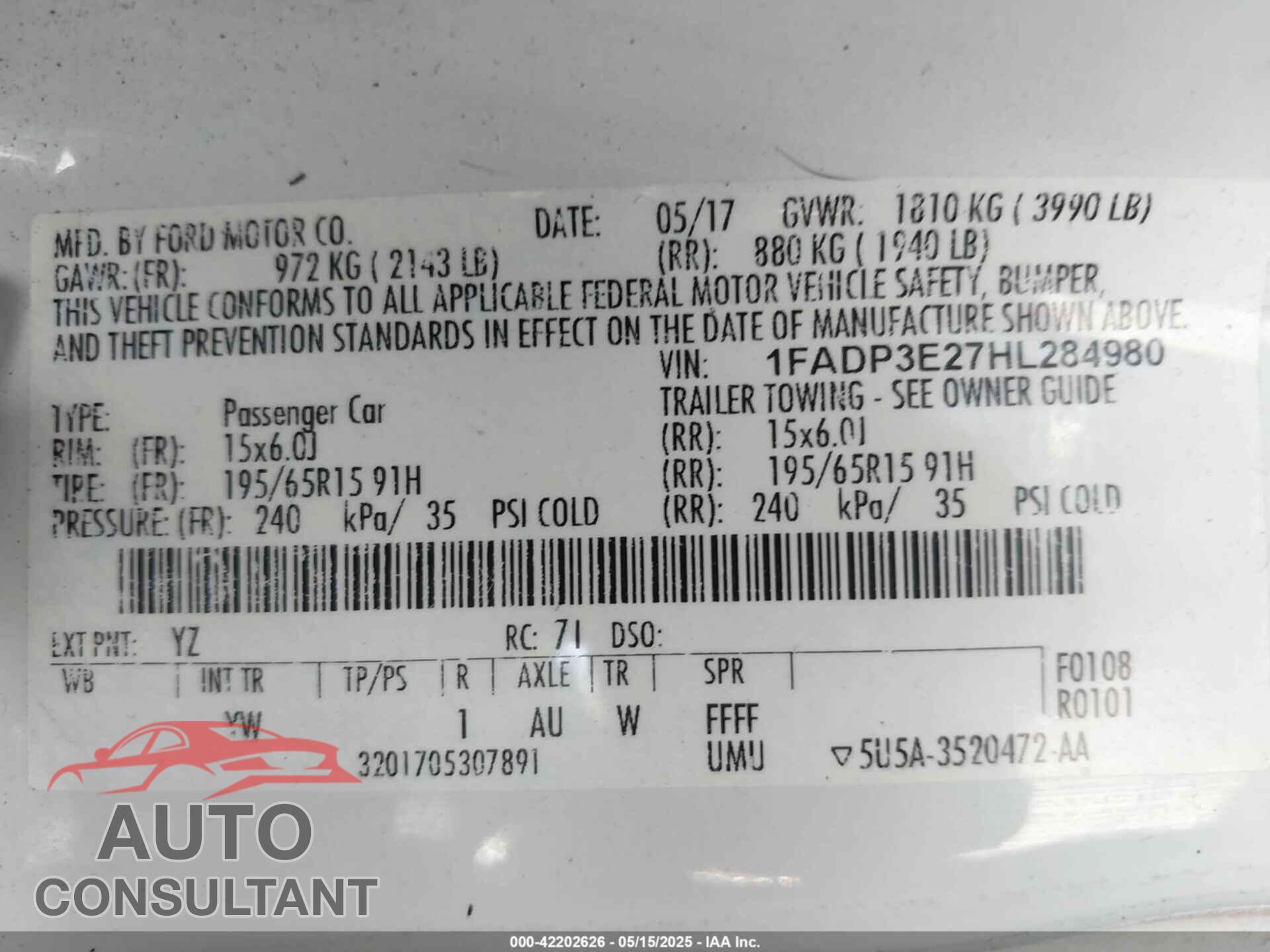 FORD FOCUS 2017 - 1FADP3E27HL284980