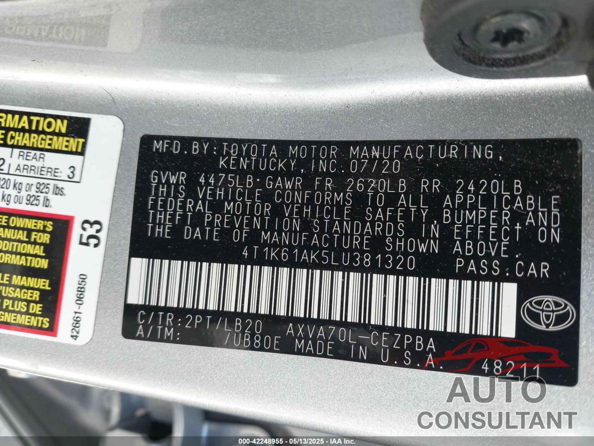 TOYOTA CAMRY 2020 - 4T1K61AK5LU381320