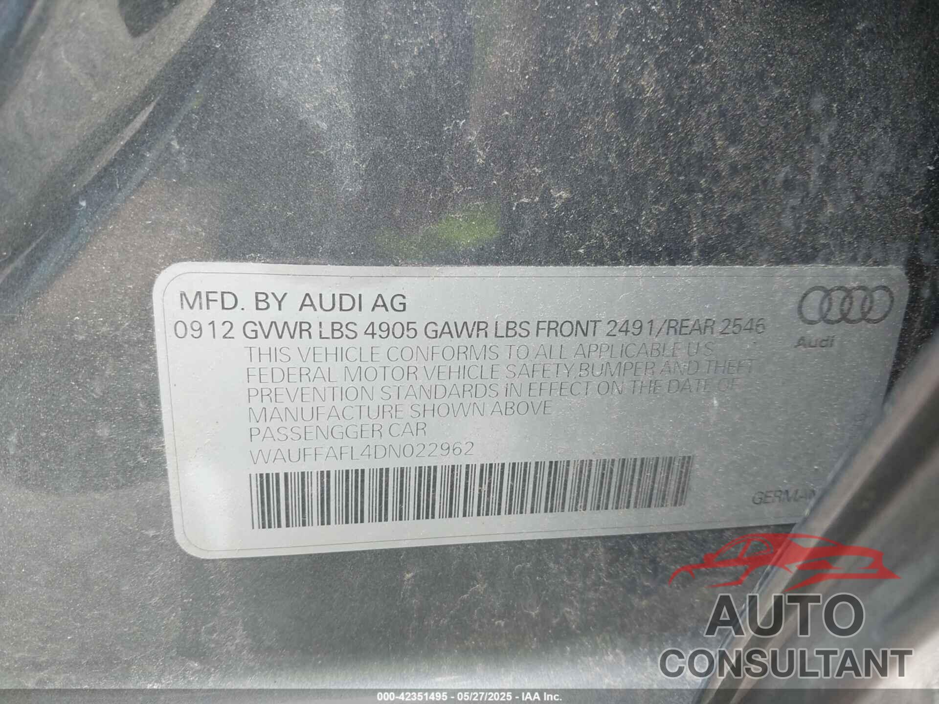 AUDI A4 2013 - WAUFFAFL4DN022962