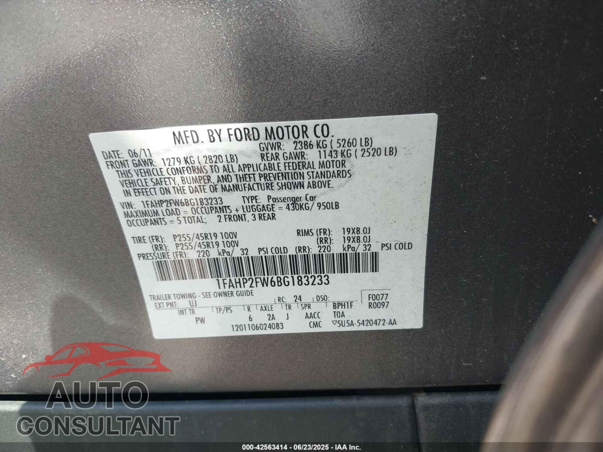 FORD TAURUS 2011 - 1FAHP2FW6BG183233