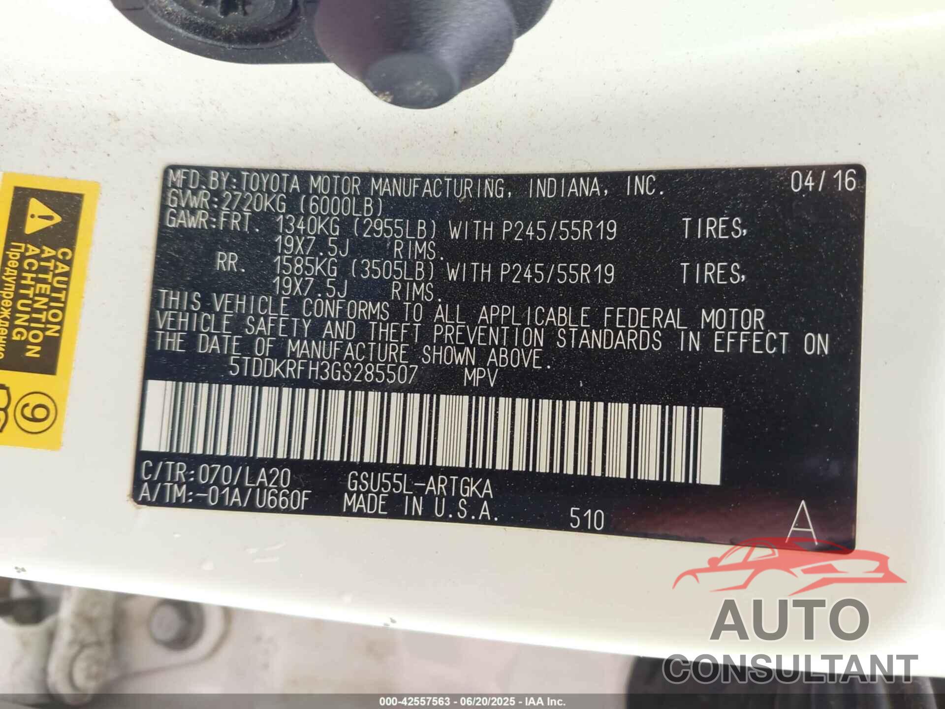 TOYOTA HIGHLANDER 2016 - 5TDDKRFH3GS285507