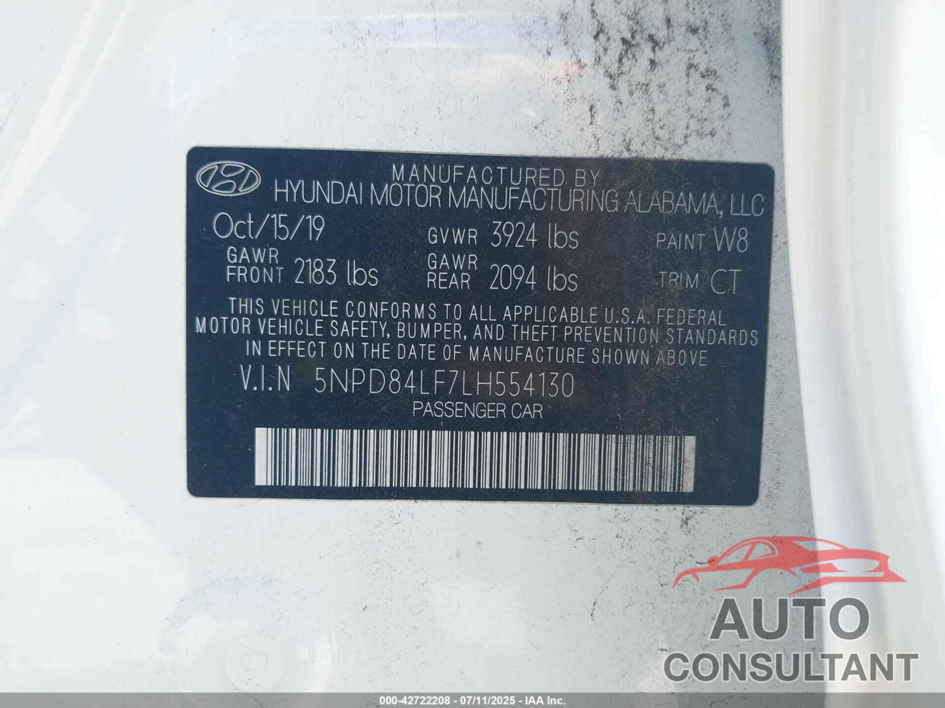 HYUNDAI ELANTRA 2020 - 5NPD84LF7LH554130