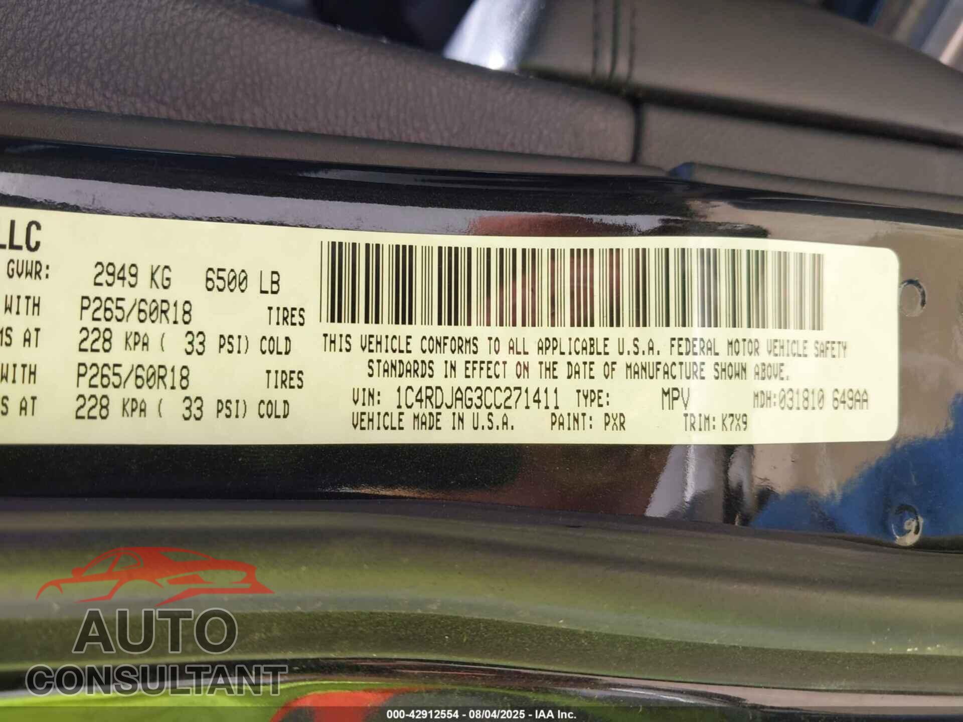 DODGE DURANGO 2012 - 1C4RDJAG3CC271411