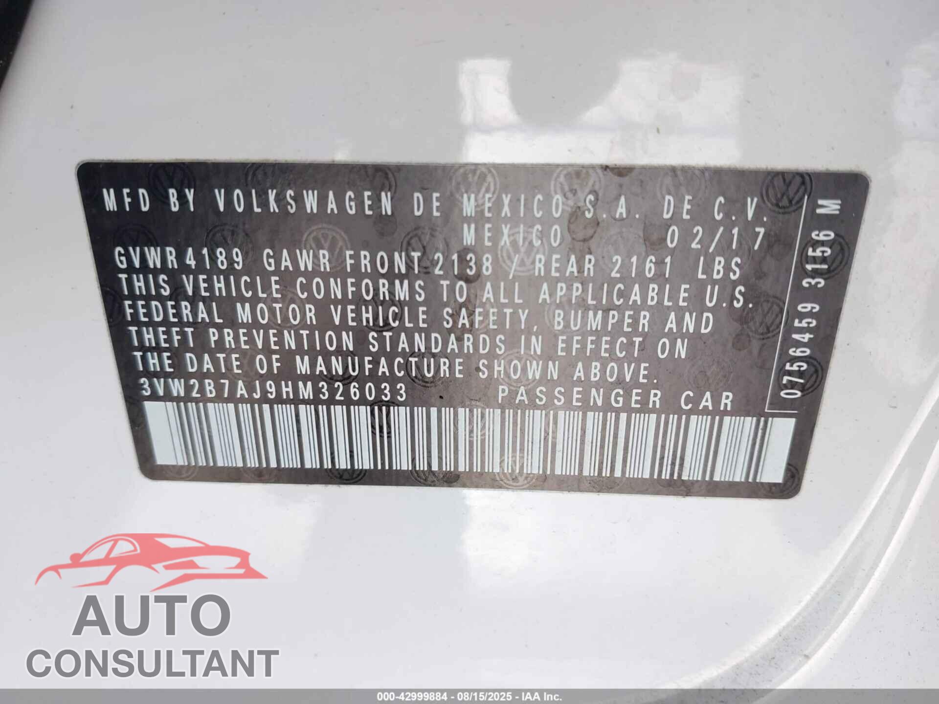 VOLKSWAGEN JETTA 2017 - 3VW2B7AJ9HM326033
