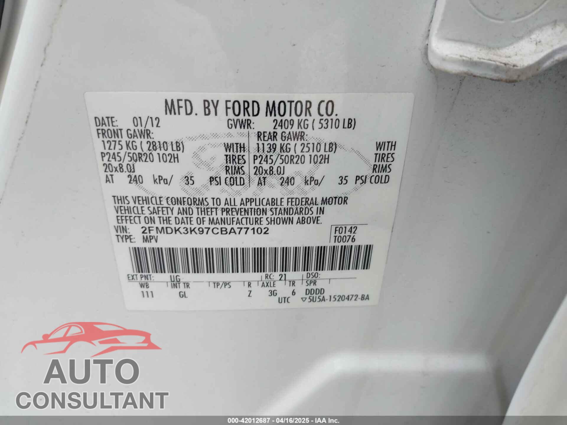FORD EDGE 2012 - 2FMDK3K97CBA77102