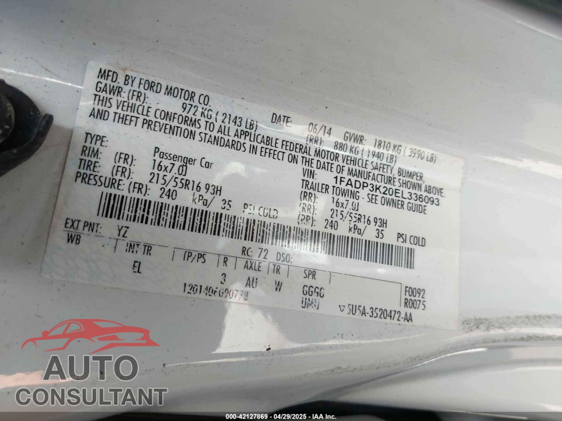 FORD FOCUS 2014 - 1FADP3K20EL336093