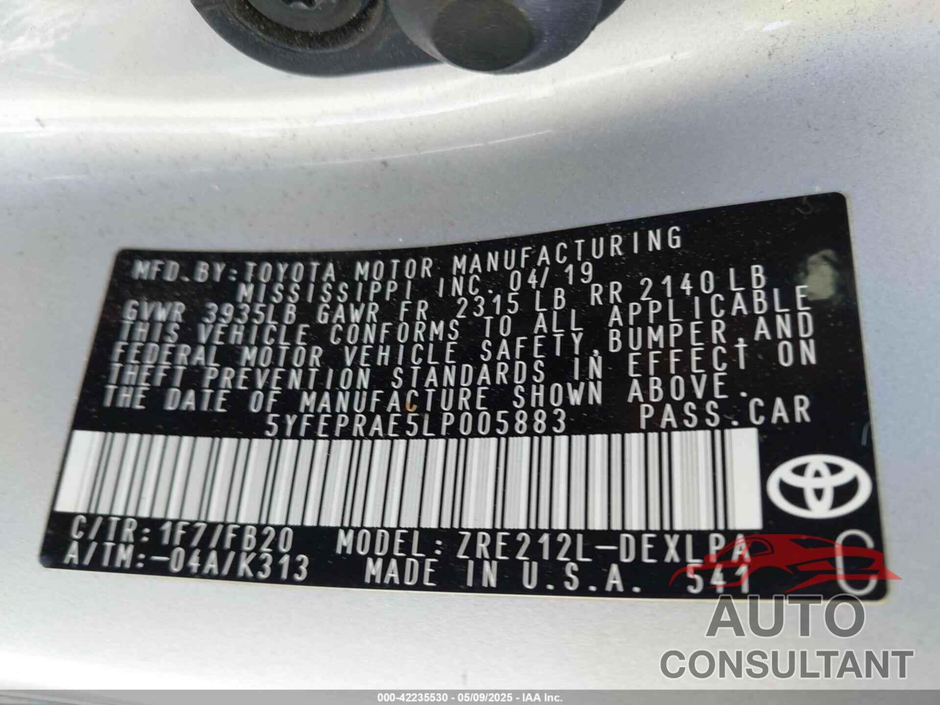 TOYOTA COROLLA 2020 - 5YFEPRAE5LP005883
