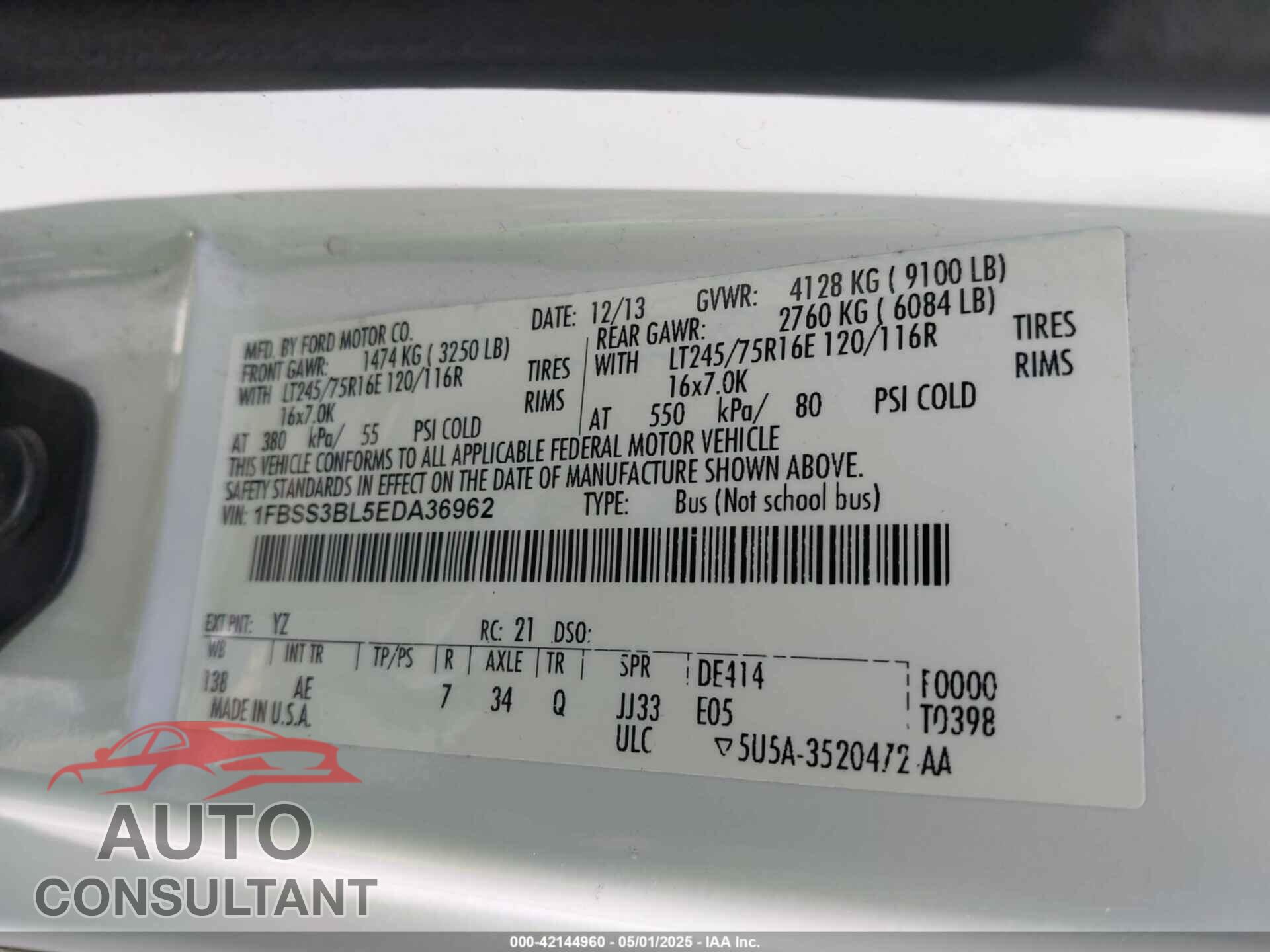 FORD E-350 SUPER DUTY 2014 - 1FBSS3BL5EDA36962