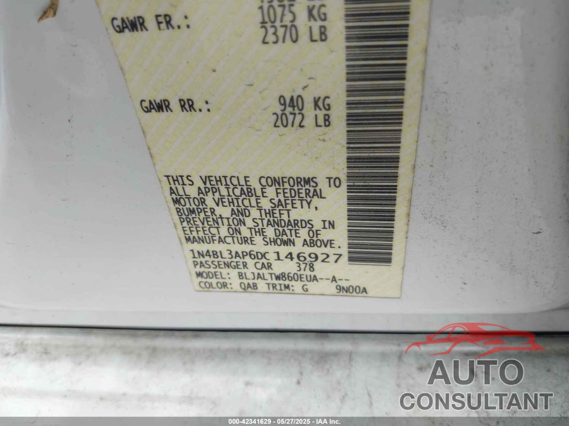 NISSAN ALTIMA 2013 - 1N4BL3AP6DC146927