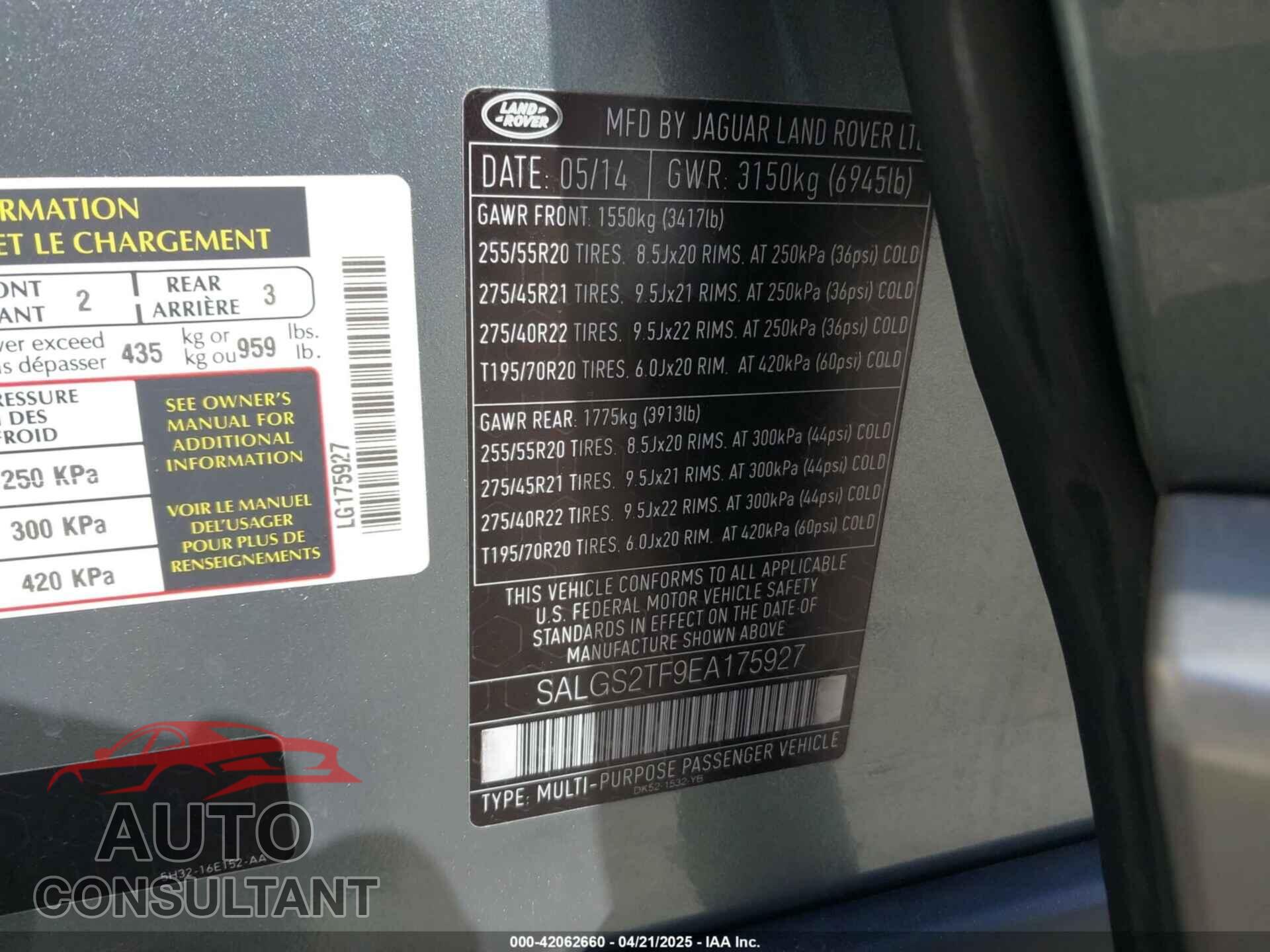 LAND ROVER RANGE ROVER 2014 - SALGS2TF9EA175927