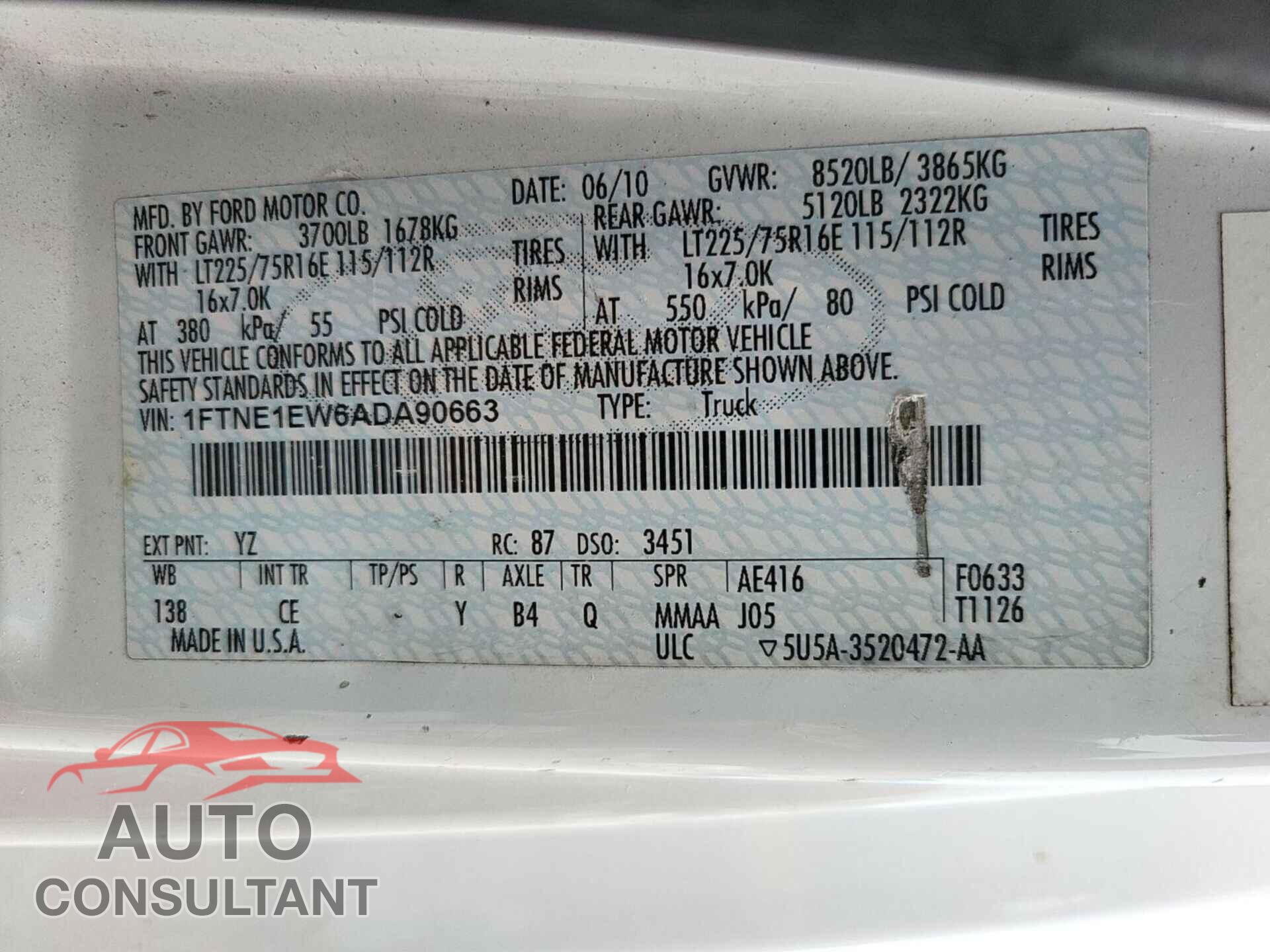 FORD ECONOLINE 2010 - 1FTNE1EW6ADA90663