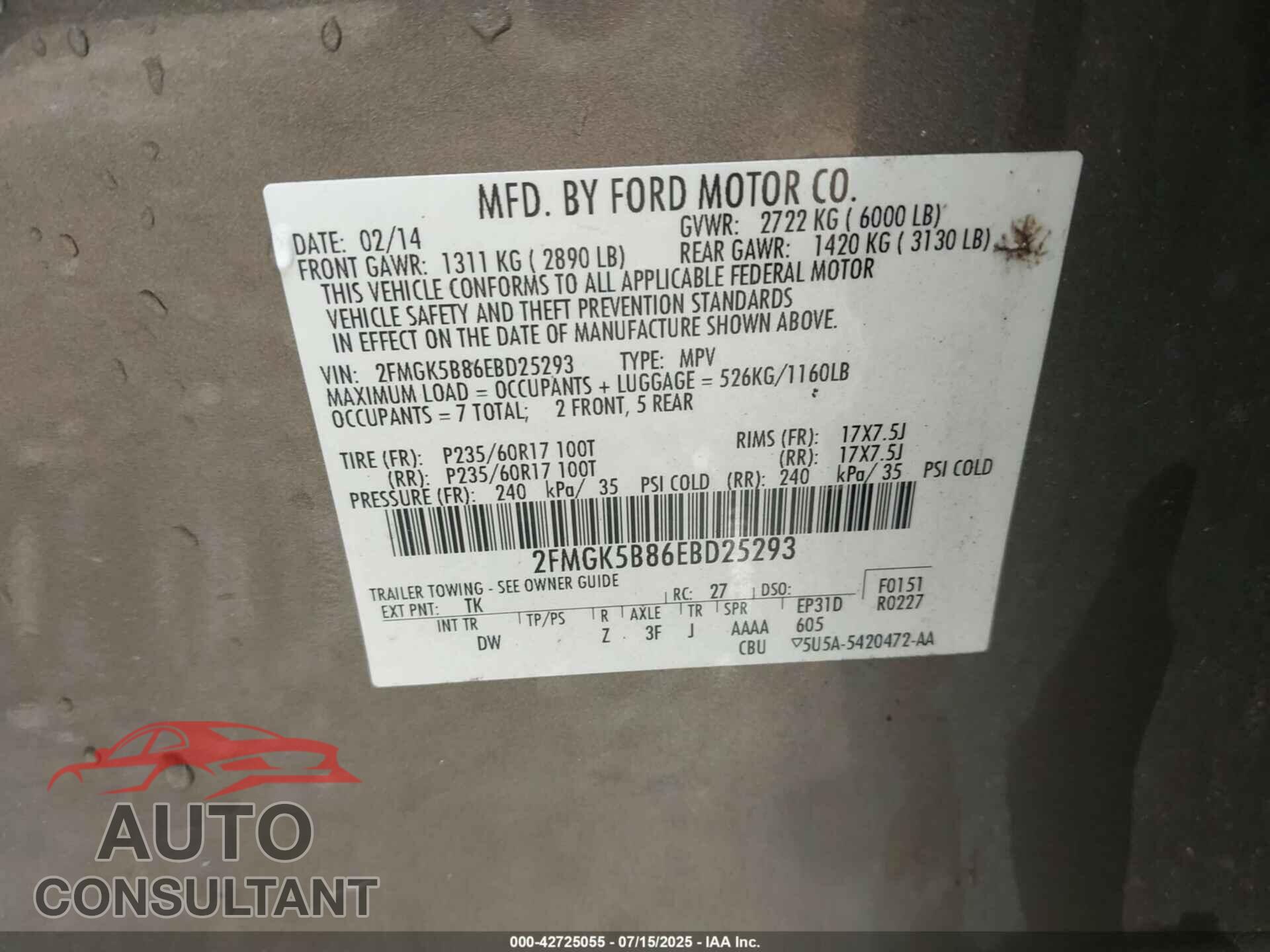 FORD FLEX 2014 - 2FMGK5B86EBD25293