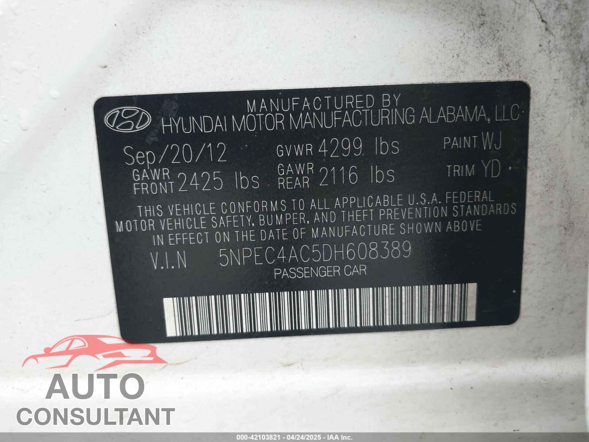 HYUNDAI SONATA 2013 - 5NPEC4AC5DH608389