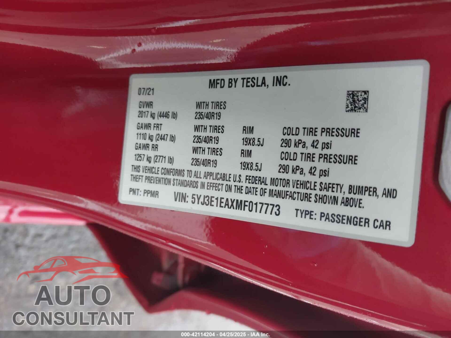 TESLA MODEL 3 2021 - 5YJ3E1EAXMF017773