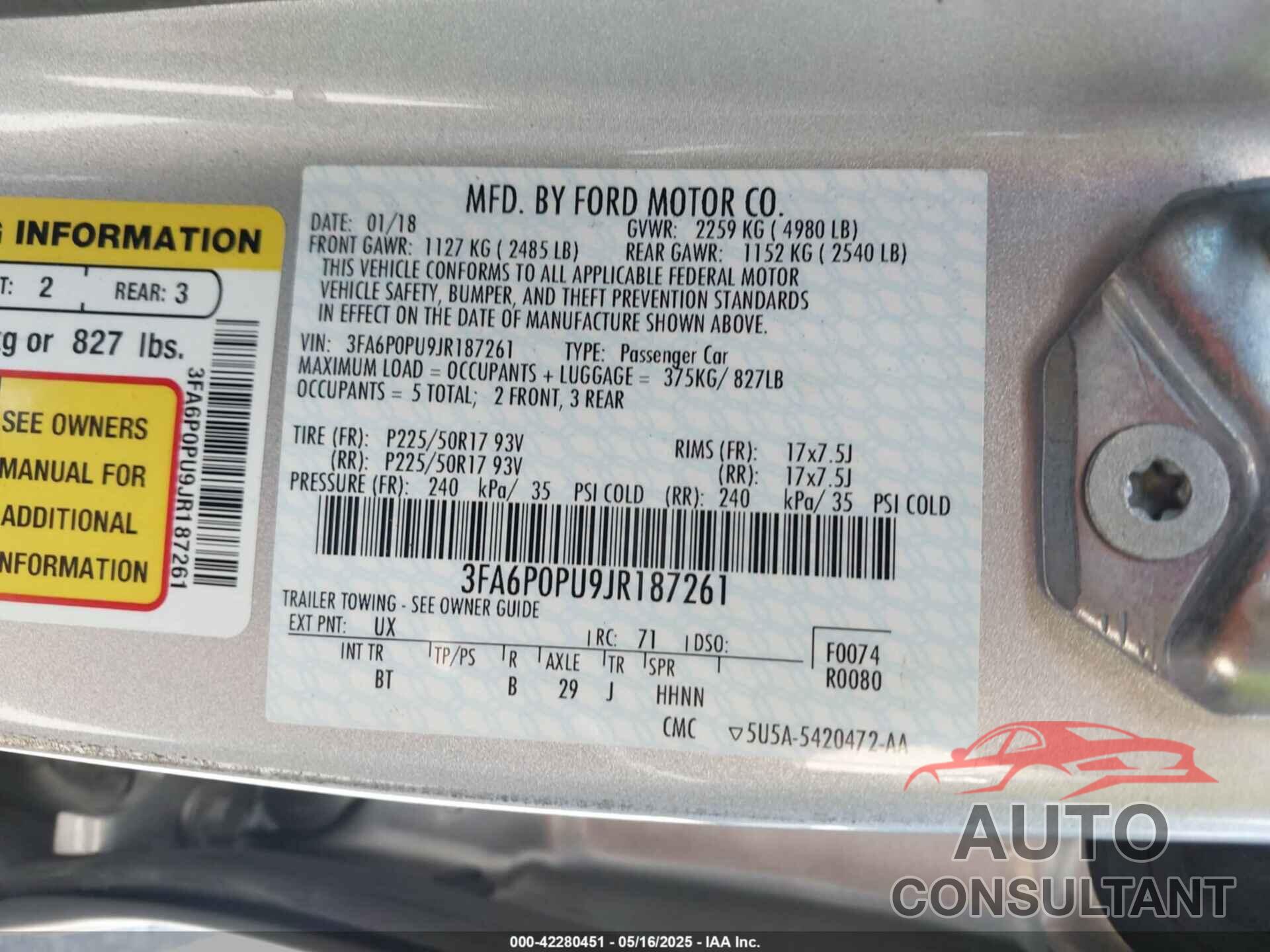 FORD FUSION ENERGI 2018 - 3FA6P0PU9JR187261