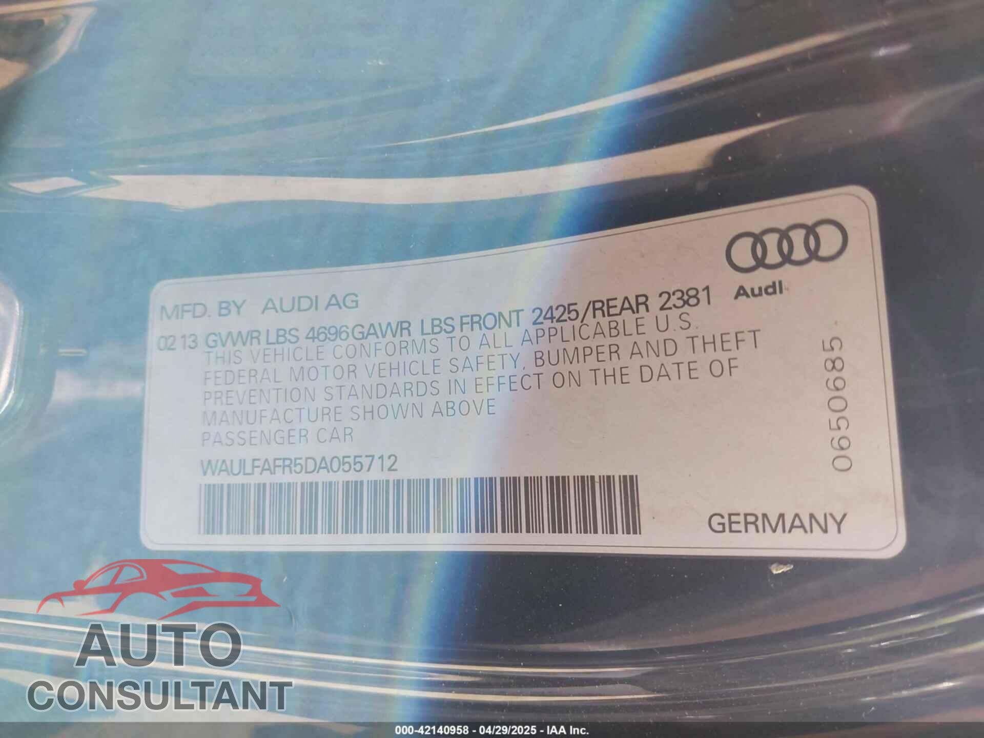 AUDI A5 2013 - WAULFAFR5DA055712
