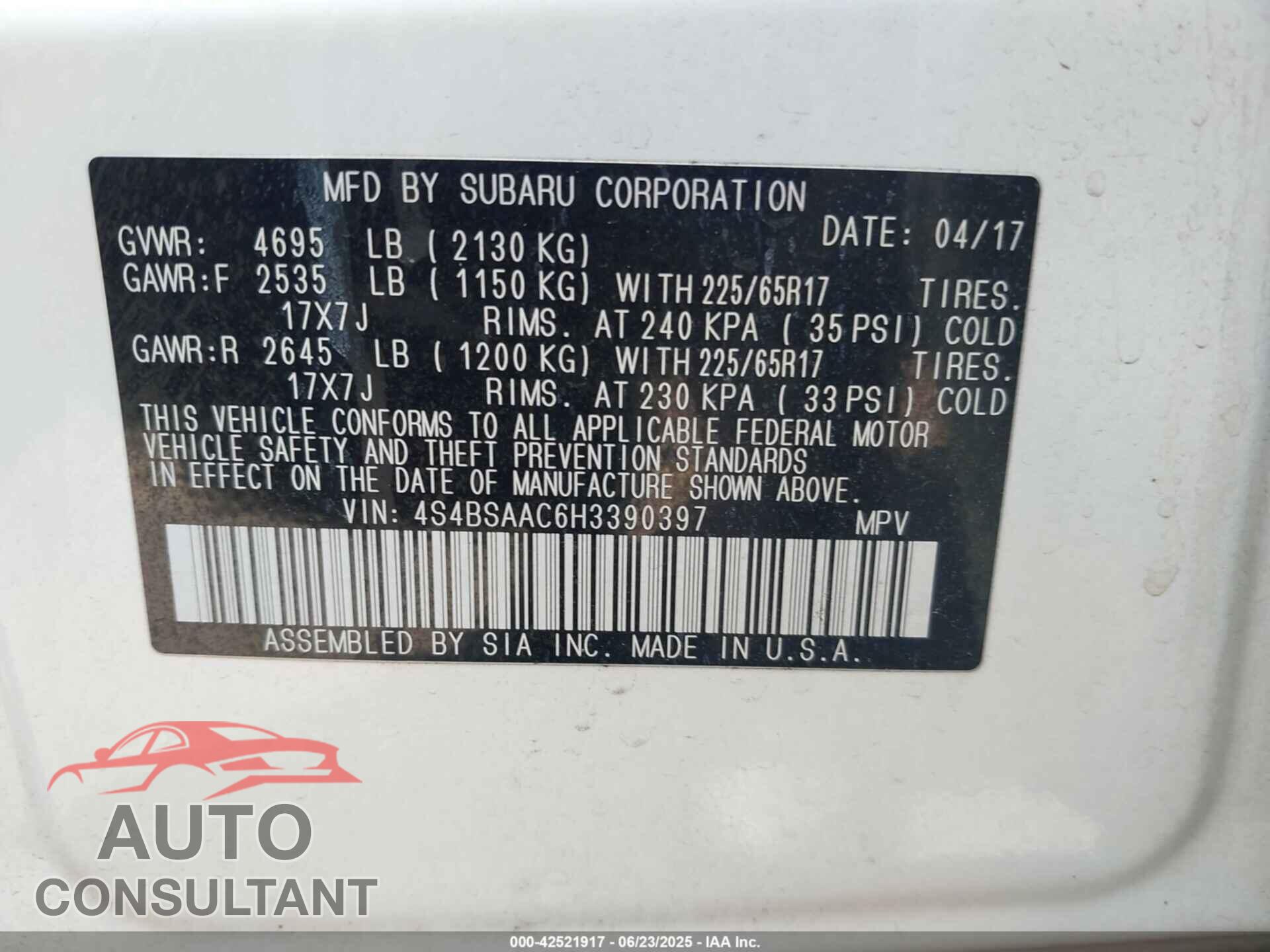 SUBARU OUTBACK 2017 - 4S4BSAAC6H3390397